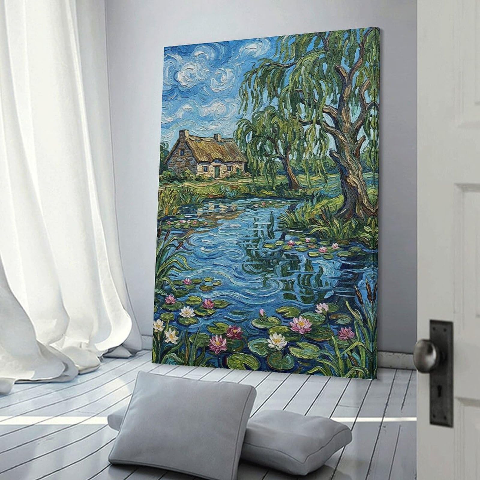Junmoney Impressionistic Cottage by Pond with Lilies Wall Picture Print, 20x30inch(50x75cm), for New Home Styling, Lounge Or Bedroom, Home Artwork for Modern Interiors