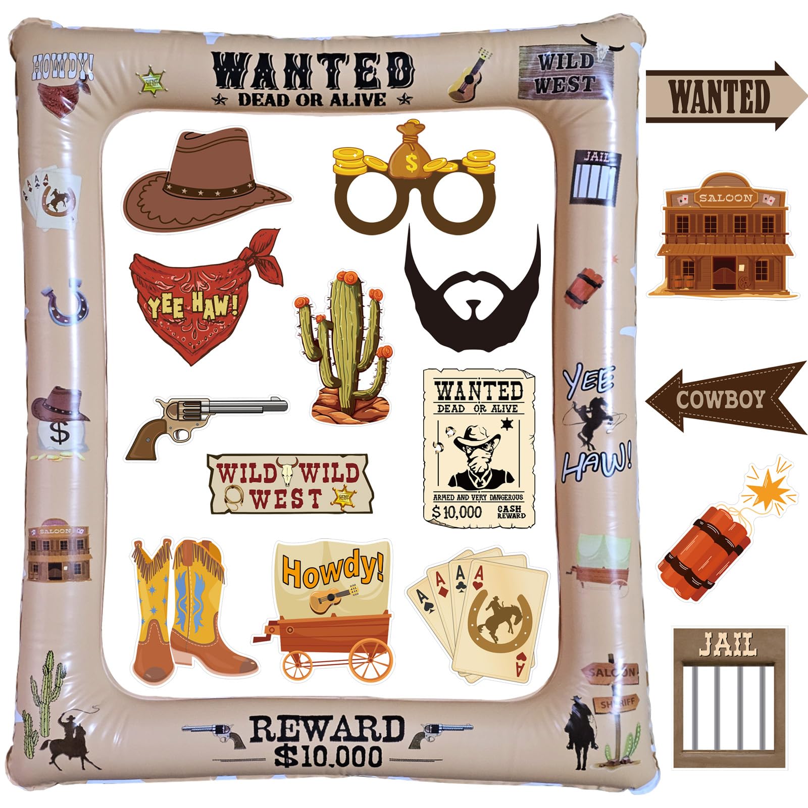 Yiiigoood Wild West Theme Inflatable Selfie Frame & Photobooth Props Set For Pictures & Decors Western Blow Up Picture Frame Yeehaw Bandanas Saloon Party Photo Props Decorations Cowboy Birthday Party Supplies