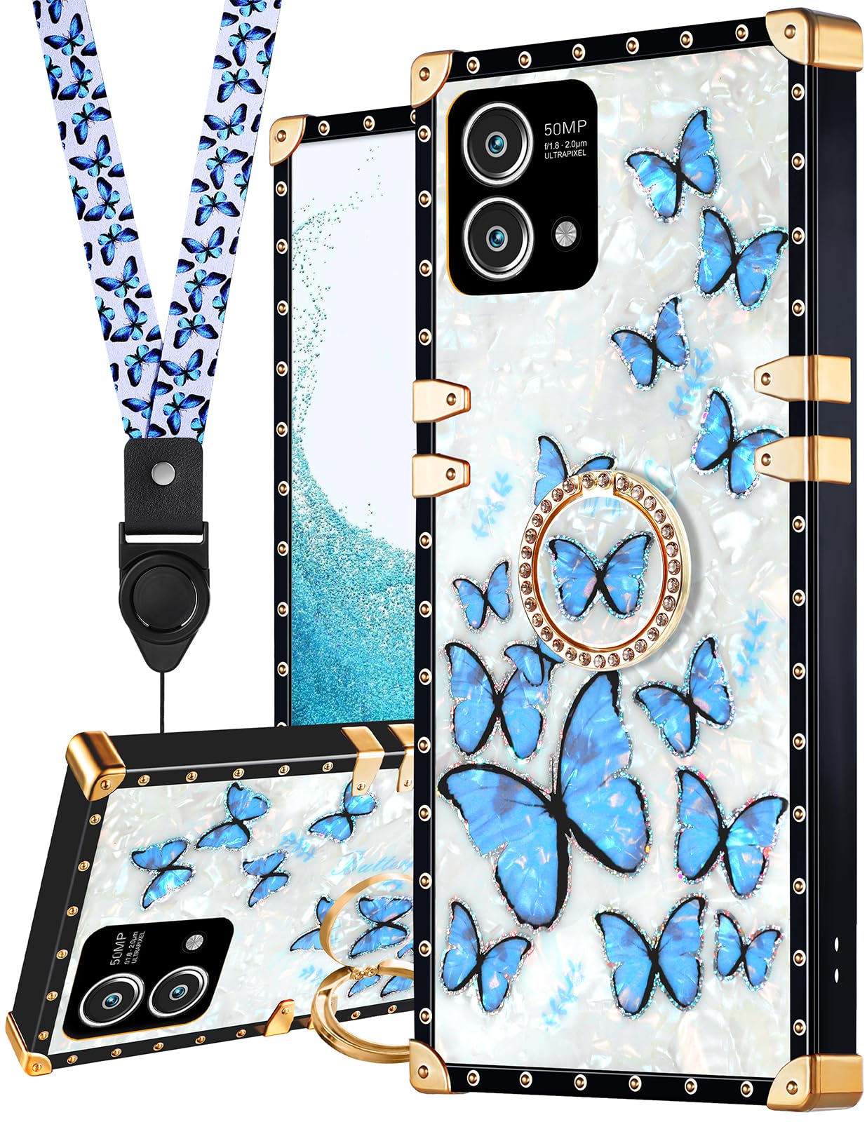 Loheckle for Moto G Stylus 5G 2023 Phone Case for Women Girls Teens Designer Cute Cases with Ring Stand Holder and Lanyard Stylish Pearl Butterfly