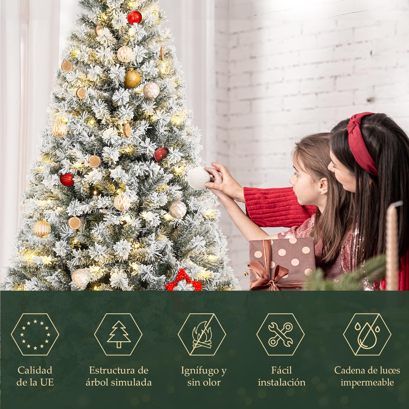 SALCAR Arbol de Navidad Blanco Artificial 180 cm, Árbol de Navidad Nevado con Guantes y 828 Puntas de Rama, Pino de Navidad con Soporte de Madera, Abeto, Ignífugo