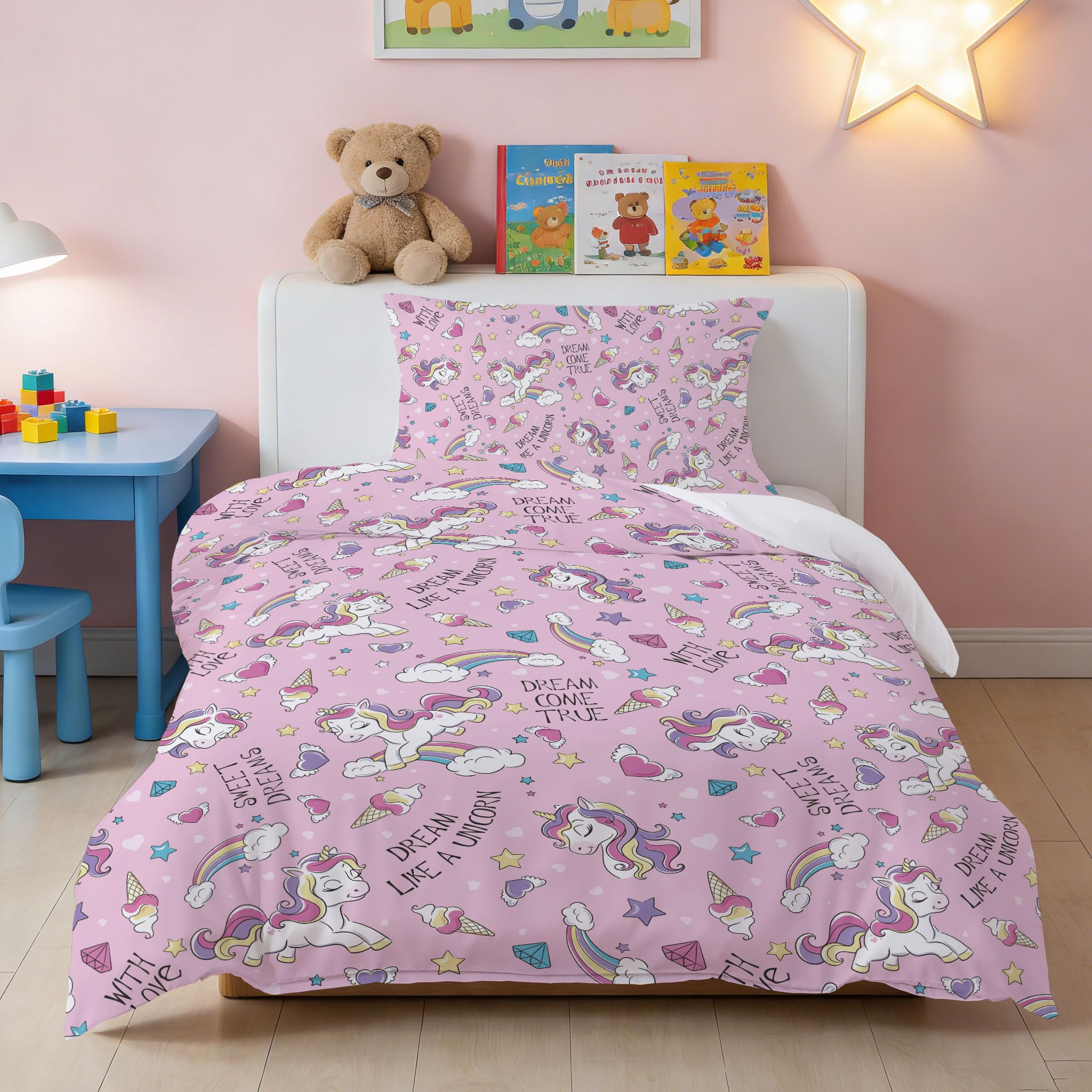 Housse de couette licorne rose 120 x 150 cm DJDEA pour des nuits féeriques