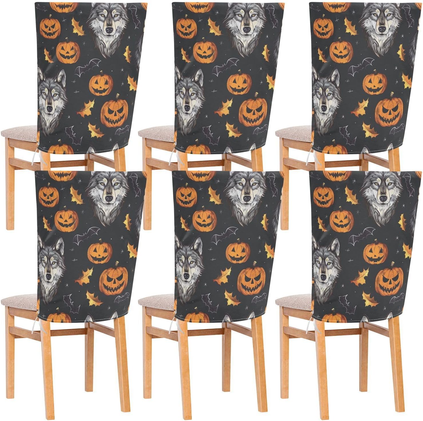 ALAZA Wolves and Halloween Pumpkin Chair Back Cover Set of 6, Washable Reusable Removable Chair Slipcovers Decorative Chair Cover for Home Kitchen Wedding Party