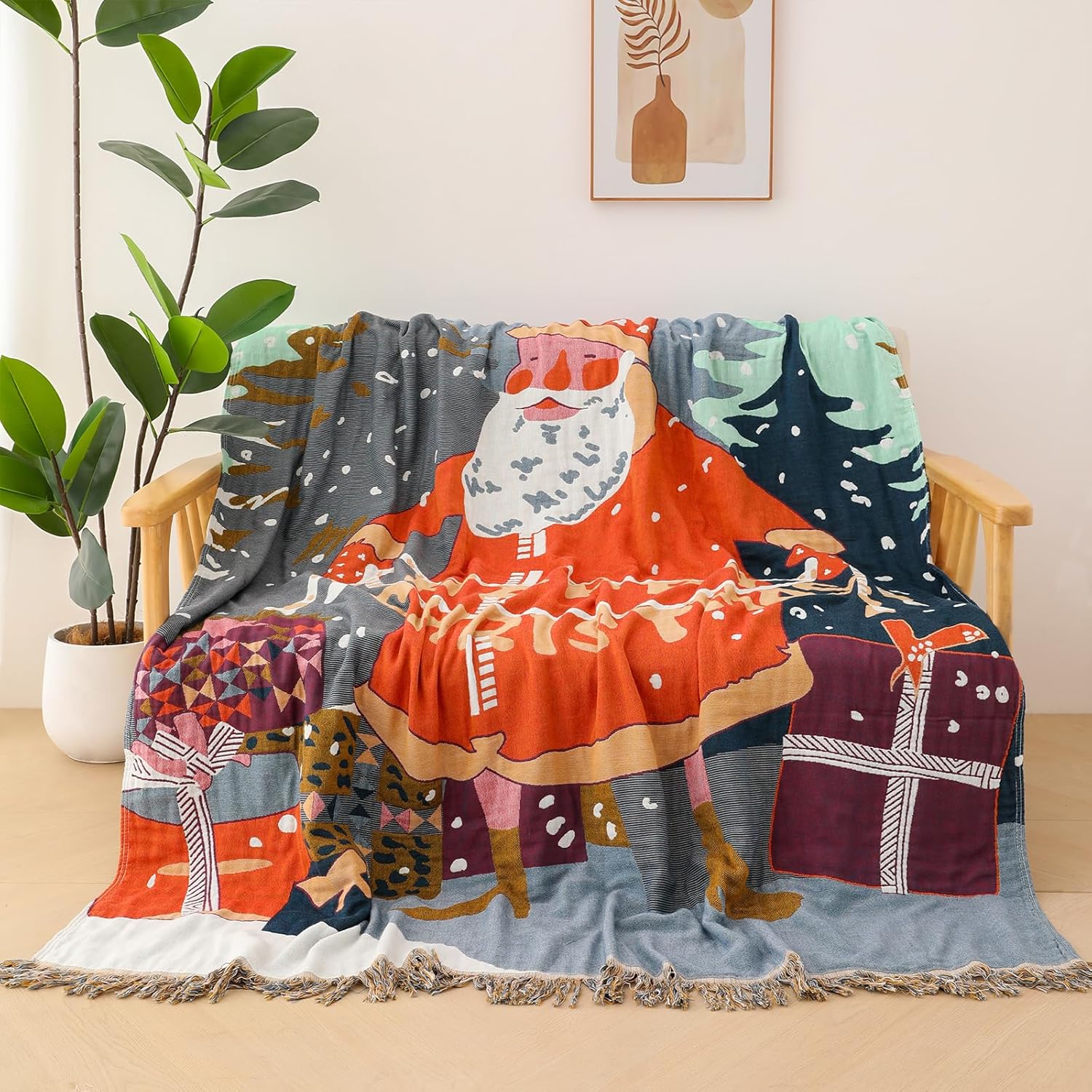 Throw Blanket,Santa Throw Blanket Colorful Tassel Blanket Printed Soft Blanket for Bedroom Couch Sofa (Santa Claus Blankets)