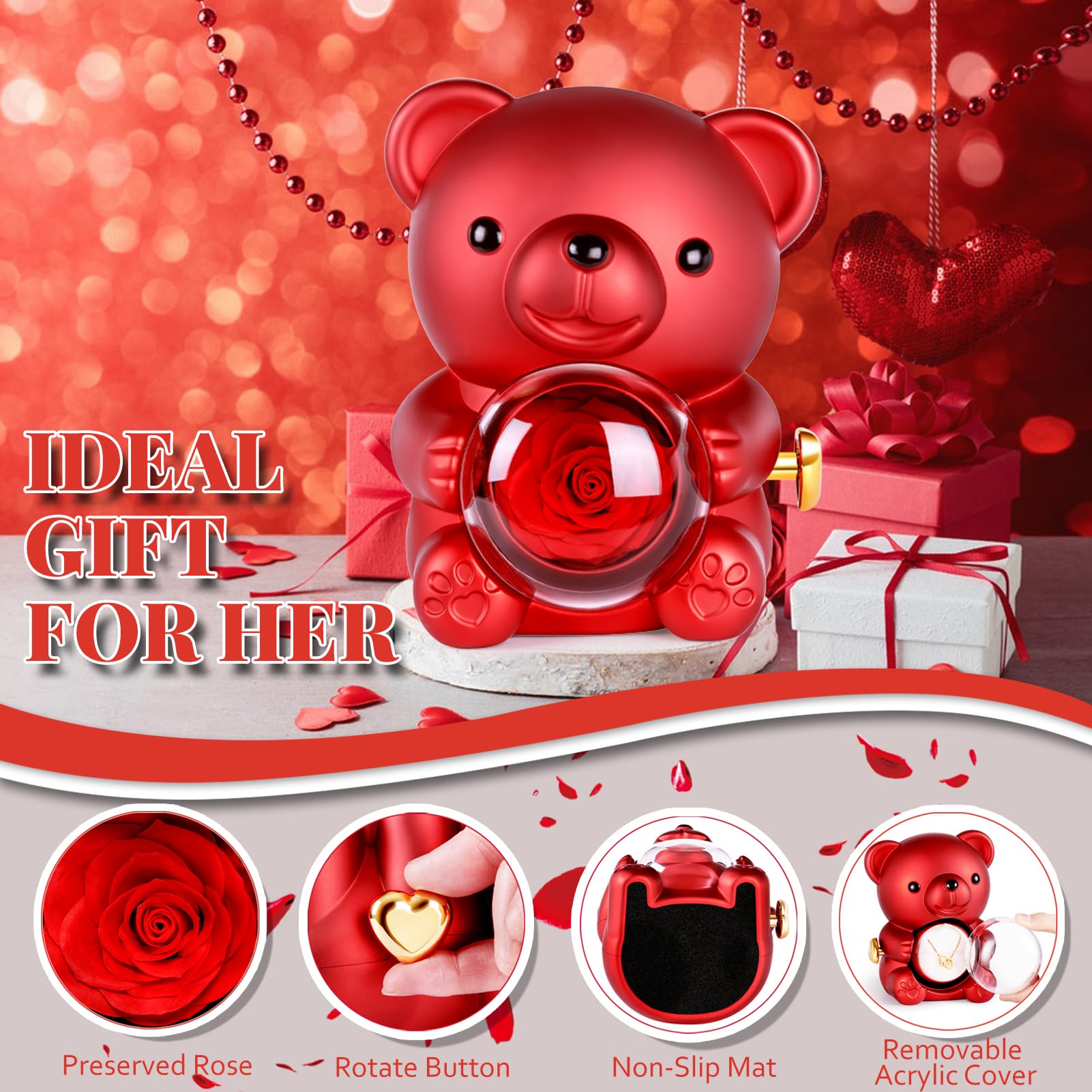 Aloskart Orso di Rosa Eterna con Collana a cuore, Orsetto Rosa Eterna Stabilizzata, Regalo San Valentino per lei, Idee Regalo Donna Compleanno, Regalo Natale per Moglie Mamma Fidanzata, Anniversario