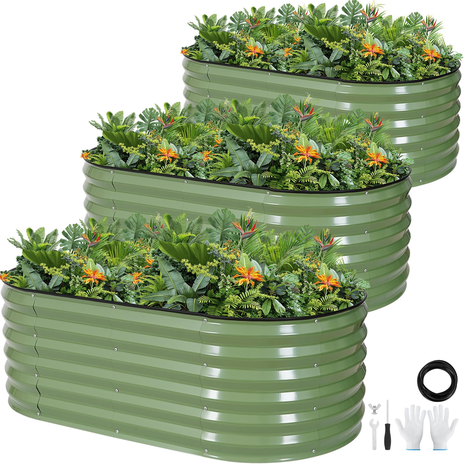 Galvanized Raised Garden Bed Outdoor |17'' Tall Planter Box Outdoor for Deep Root Plants | 2Pcs Raised Bed Kit for Gardening with Rubber Strip for Vegetables Flowers Fruits (Olive Green, 4x2x1.4FT)