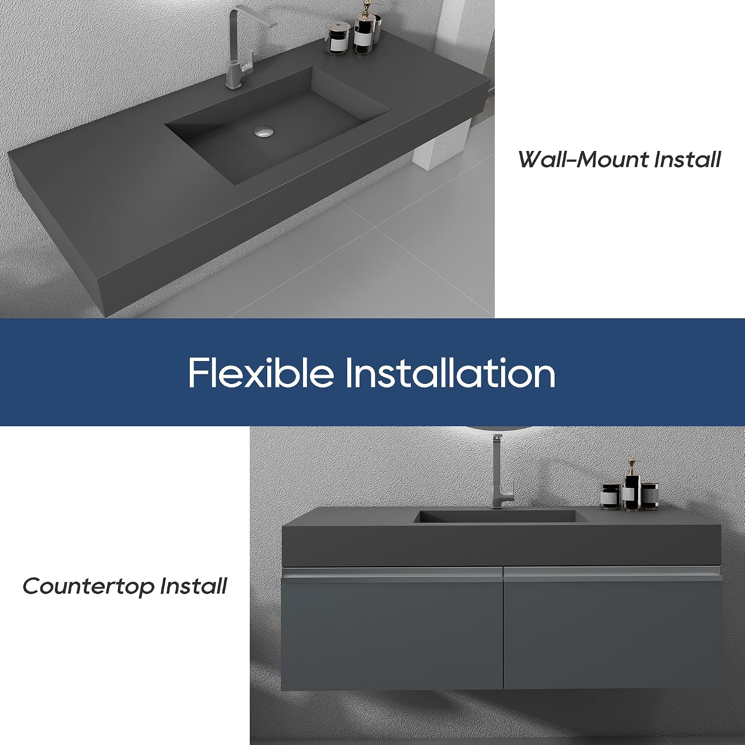 SJ Star&Jane 48" x 19" Solid Surface Bathroom Sink, Wall-Mount or Countertop Vessel Sink, Rectangle Floating Vanity Sink in Gray, Durable Modern Design