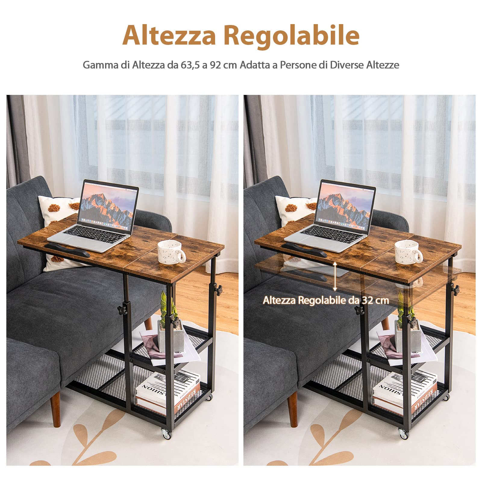 COSTWAY Tavolino Porta PC Regolabile in Altezza e Inclinazione, Tavolo Laterale per Letto e Divano con Ruote, Tavolino in Legno e Metallo per Salotto e Camera da letto, 80 x 40 x 64-95 cm (marrone)