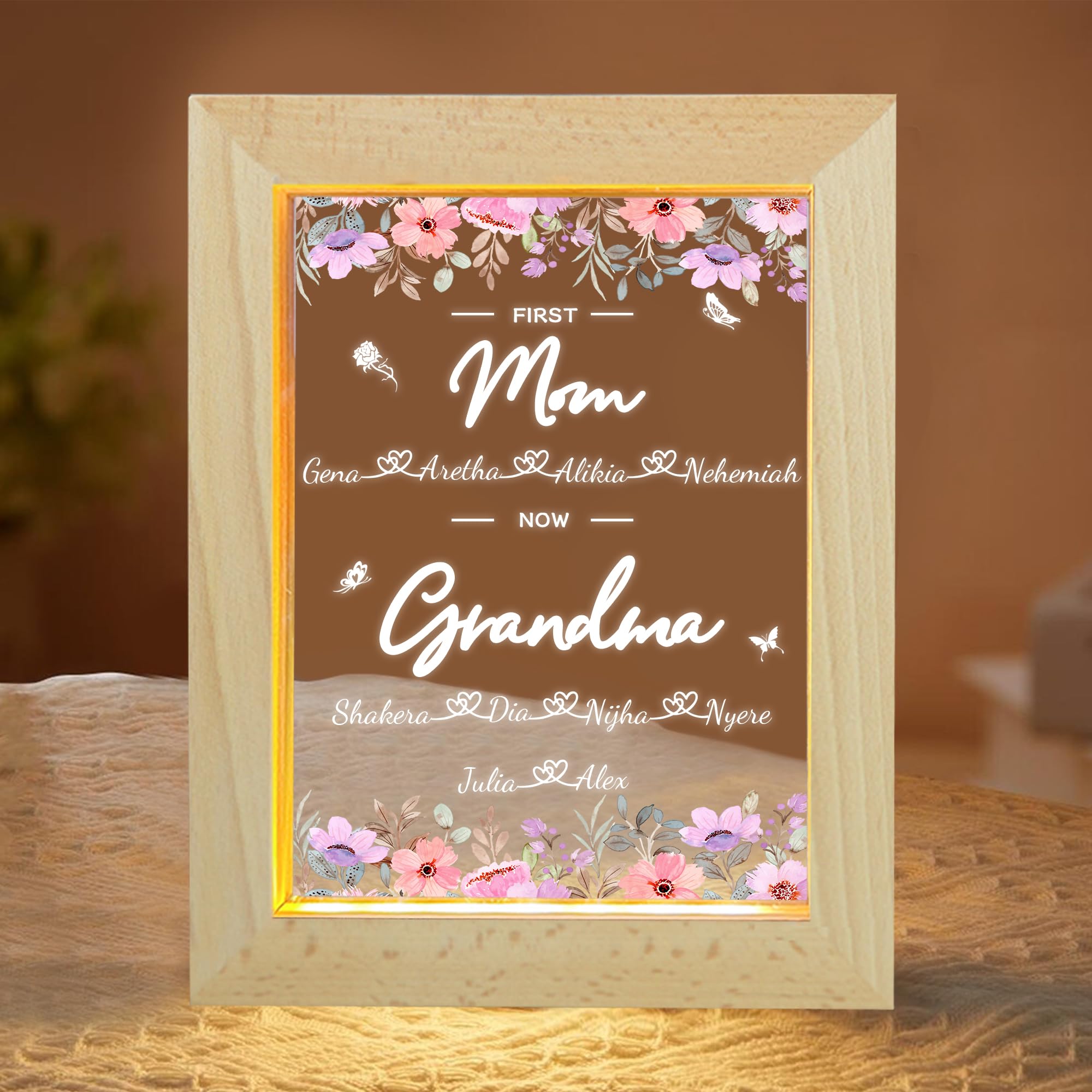 BFHEFGSUU Personalised First Mom Now Grandma Night Light Custom 1-10 Names Light Up Grandma's Garden Sign Family Acrylic Lamp Romantic Gift for Grandma Mother's Day Birthday (Style 15)
