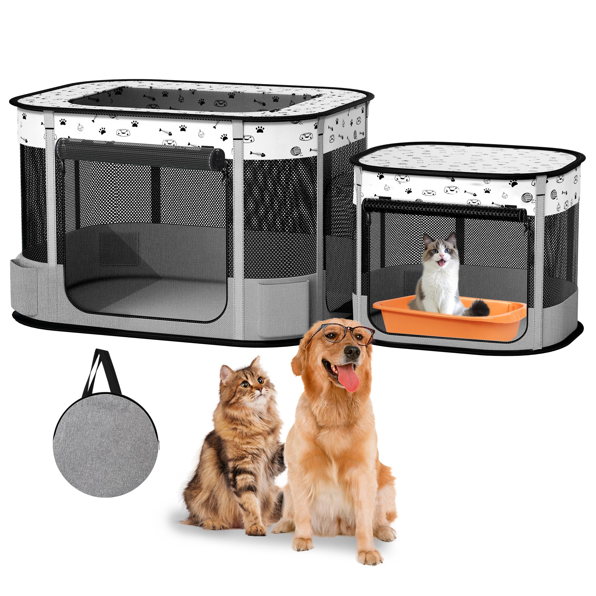 Parc de jeu pour chat et chien pliable en tissu Oxford 600D résistant gris