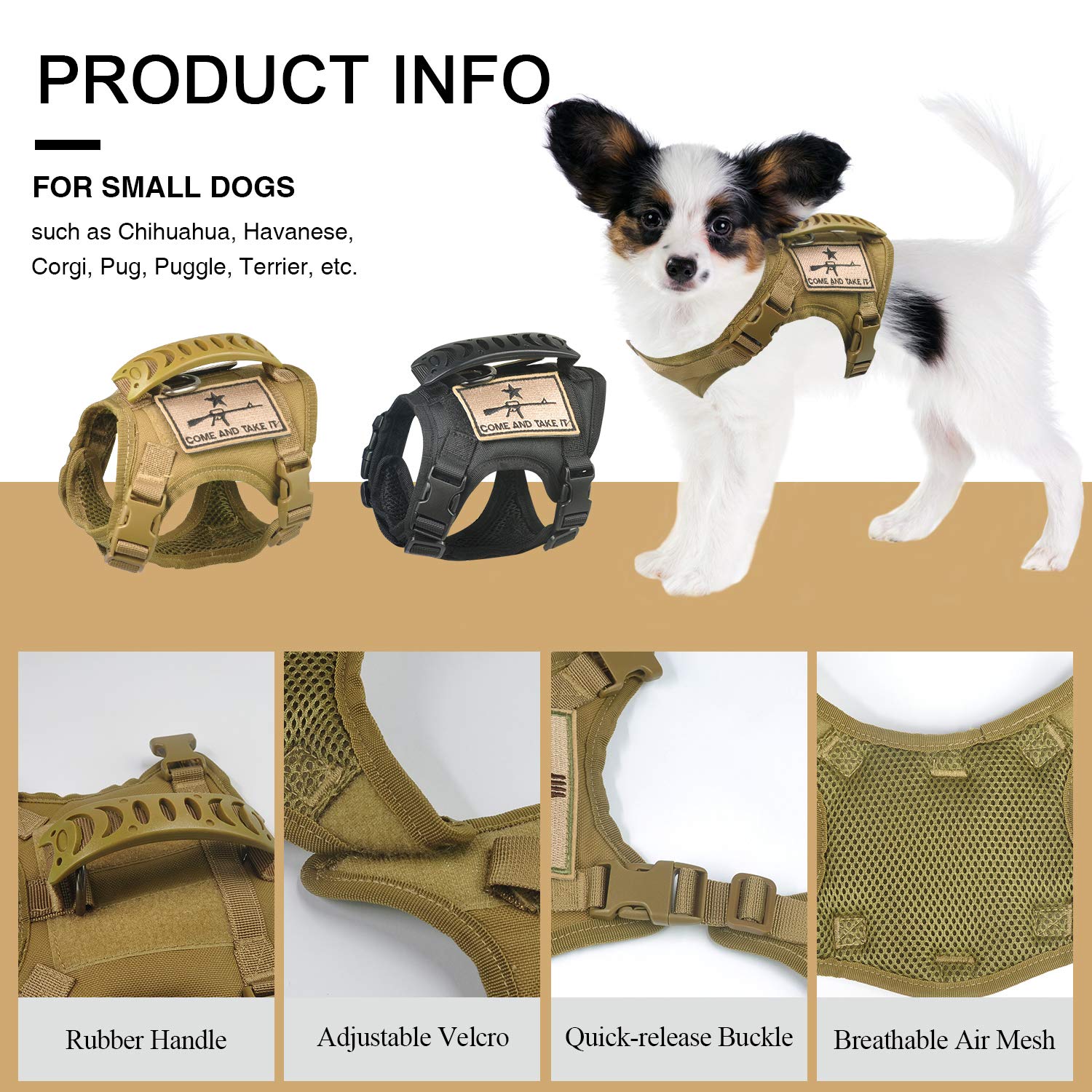 Arnés táctico de entrenamiento para perros, chaleco de trabajo al aire libre, ajustable, XS, militar, MOLLE, arnés con mango de goma