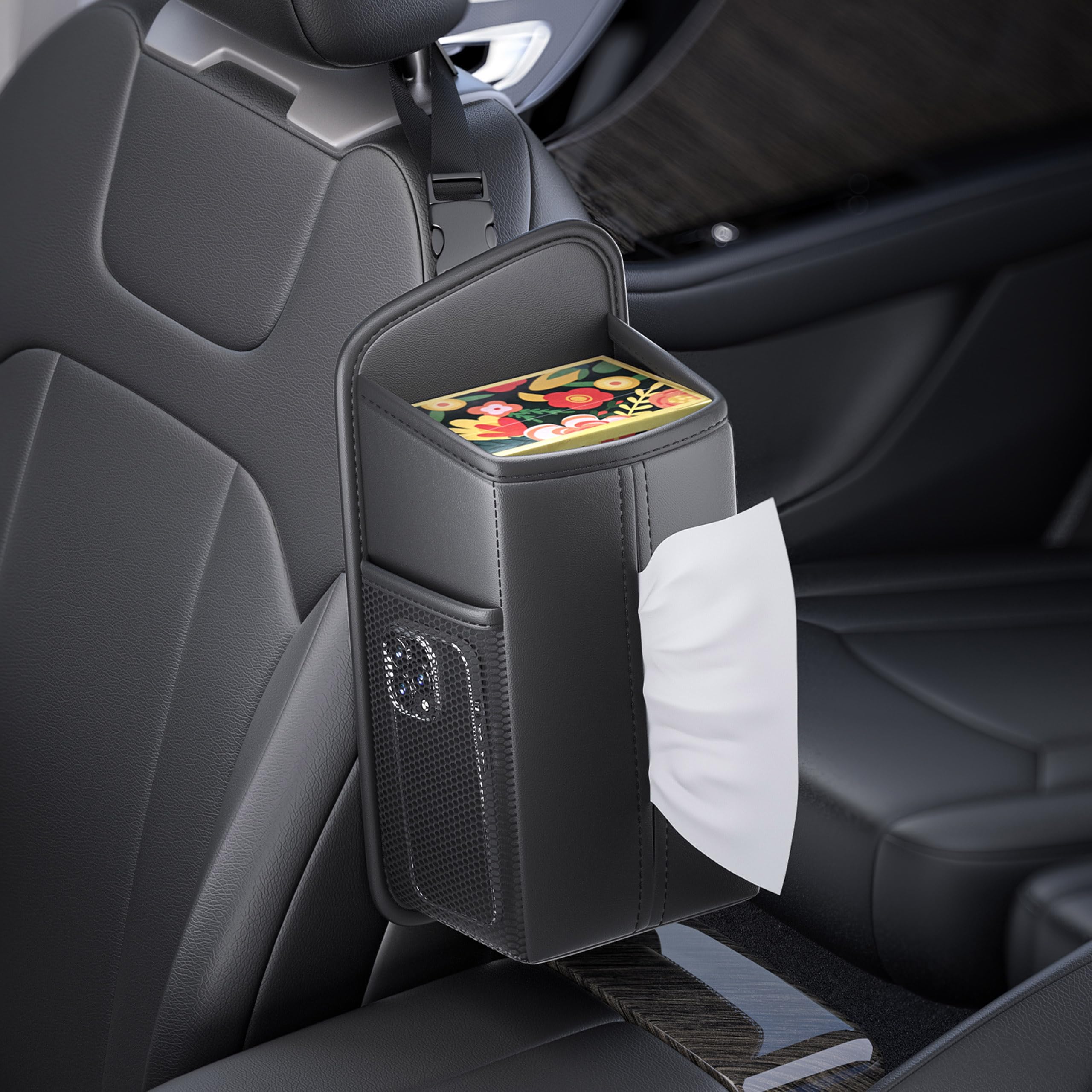 Car Tissue Holder for Front Seat Headrest Organizer with 2 Side Mesh Pockets for Phones Cards Square Tissue