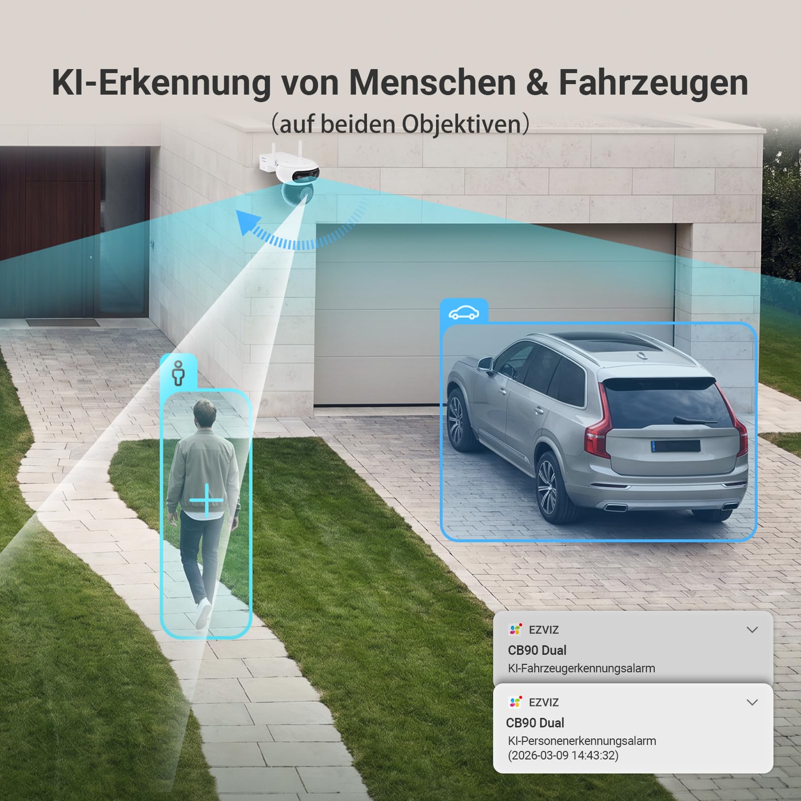 EZVIZ 3K+3K Akku Überwachungskamera Aussen mit 8W Solarpanel CB90 Dual | Dual-Objektiv, 10400mAh Batterie, Auto-Tracking, Farbnachtsicht, Personen/Fahrzeugerkennung, Zwei-Wege-Audio, Ohne Abo