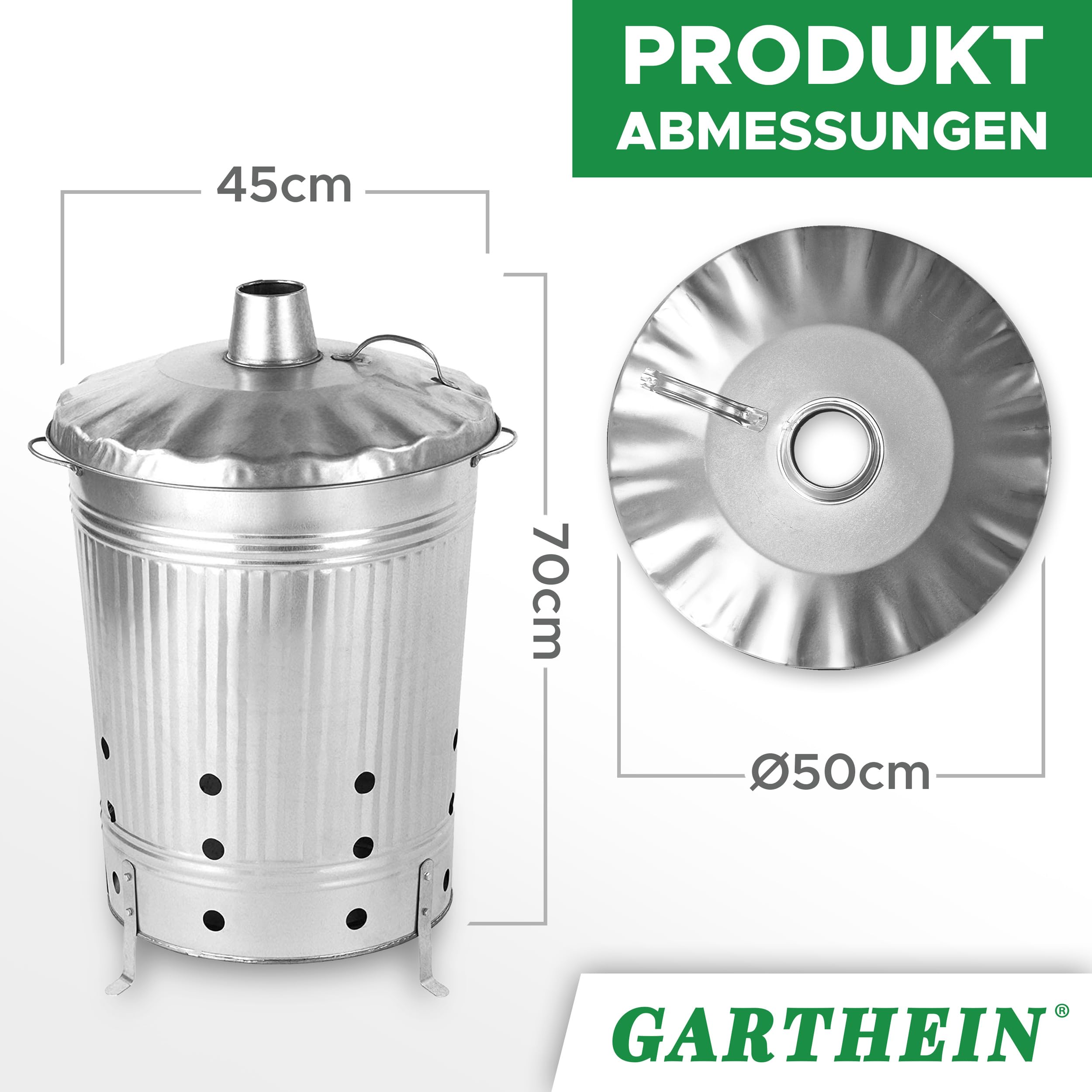 GARTHEIN 90 Liter Große Feuertonne für den Gartenabfall mit Deckel in Silber, Metallfass verzinkt, Feuer Verbrennungstonne für Laub, Gartenarbeit, Feuerschale mit Deckel, Terrassenofen, Feuerkorb