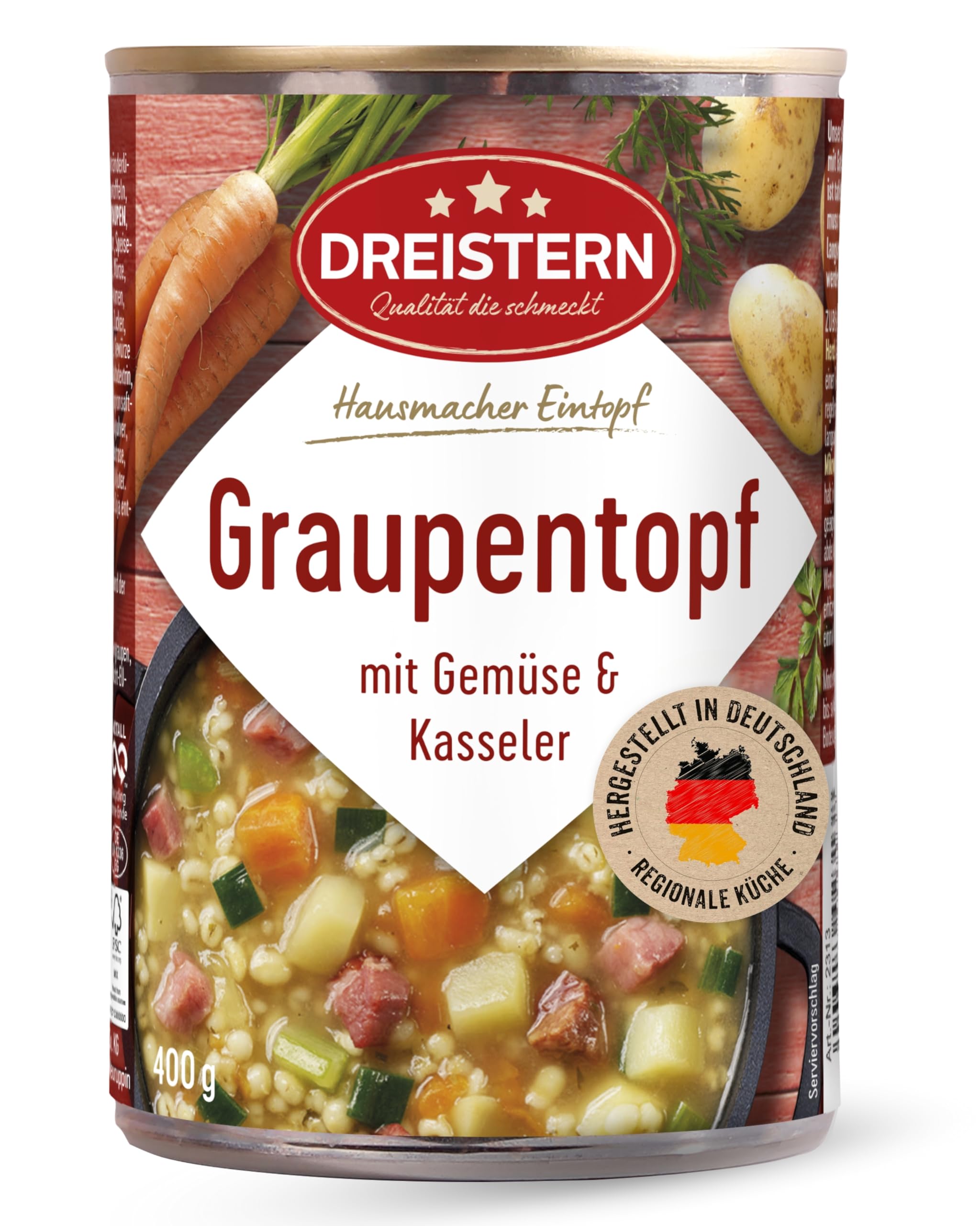 DREISTERN Graupentopf 400g I Mit Gartengemüse & Kasseler I Herzhafter Eintopf in recyclebarer Konservendose I Lange Haltbarkeit dank natürlicher Konservierung I Hausmacher Qualität