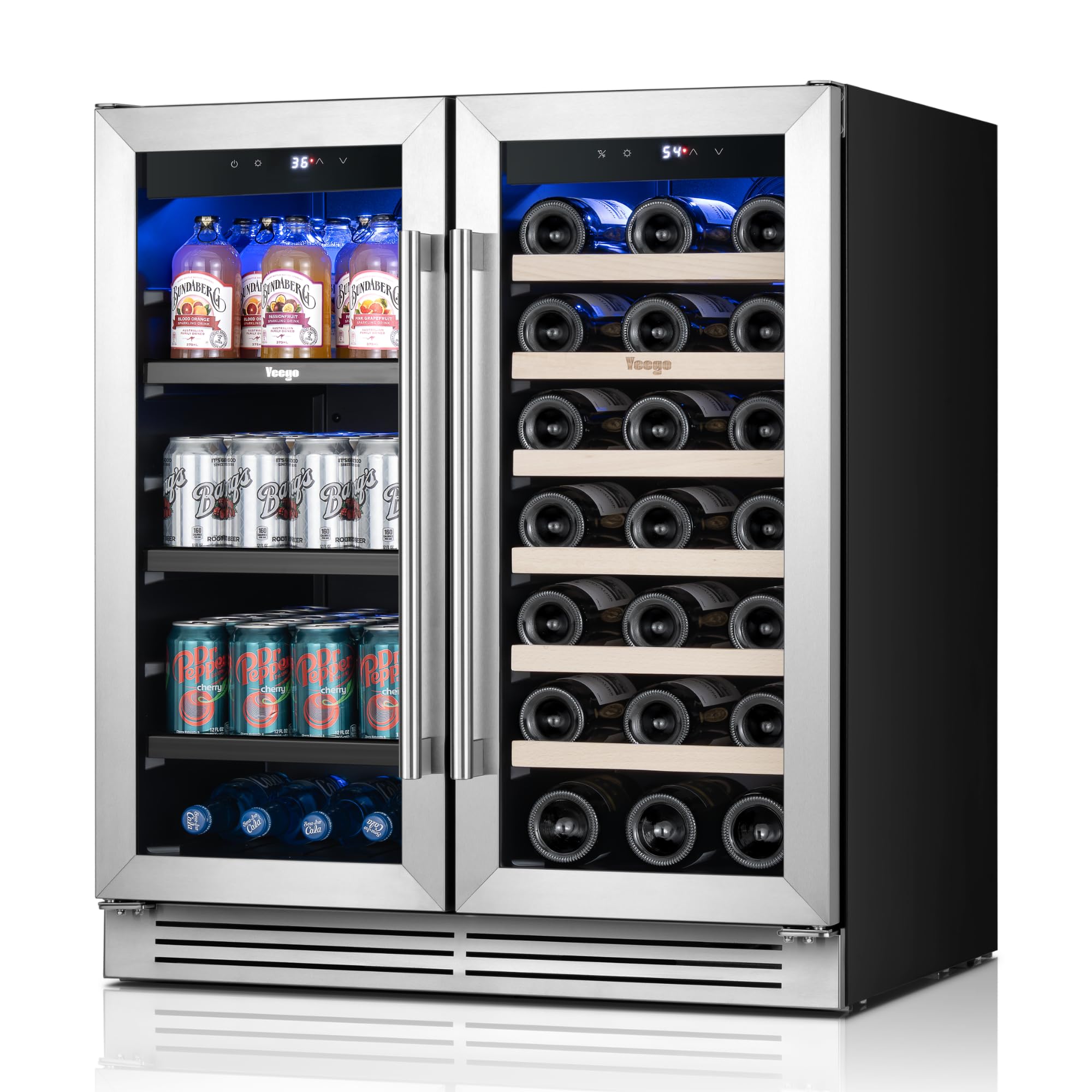 Yeego Wine & Beverage Refrigerator, 30 Inch 80 Cans and 33 Bottles Dual Zone Wine Cooler with Glass Door, 36-72°F Drink Cooler for Built-in or Freestanding, For Kitchen,Bar or Office | Fridge.com