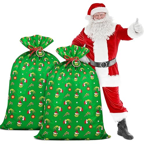 Tewess 2PCS Extra Large Christmas Gift Bags Jumbo Plastic Green
