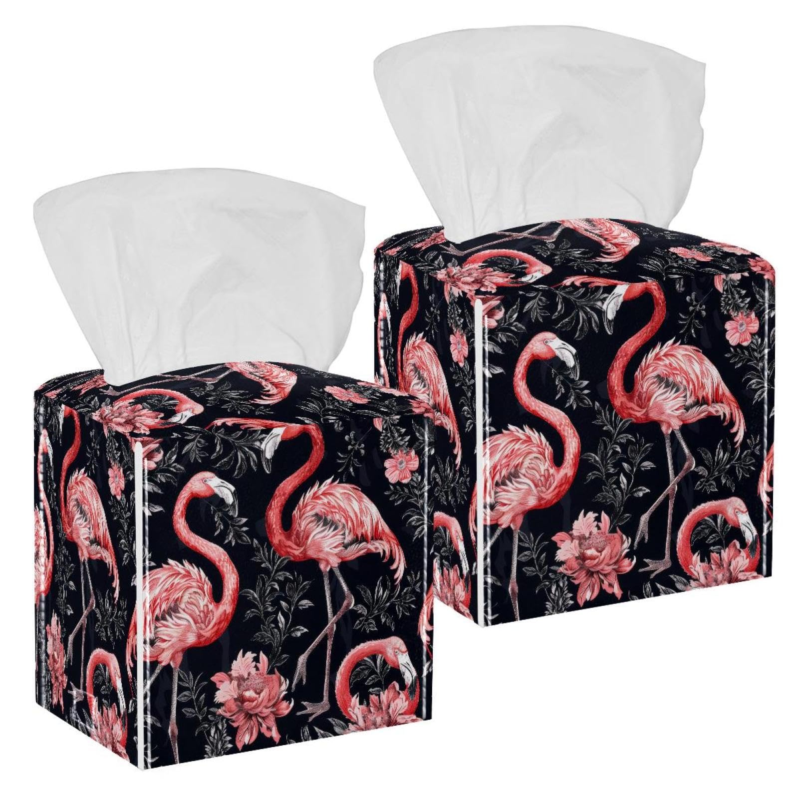 Flamingo Tissue Box Cover, 2 Pack PU Leather Square Facial Tissue Dispenser Box holder for Home Office Car
