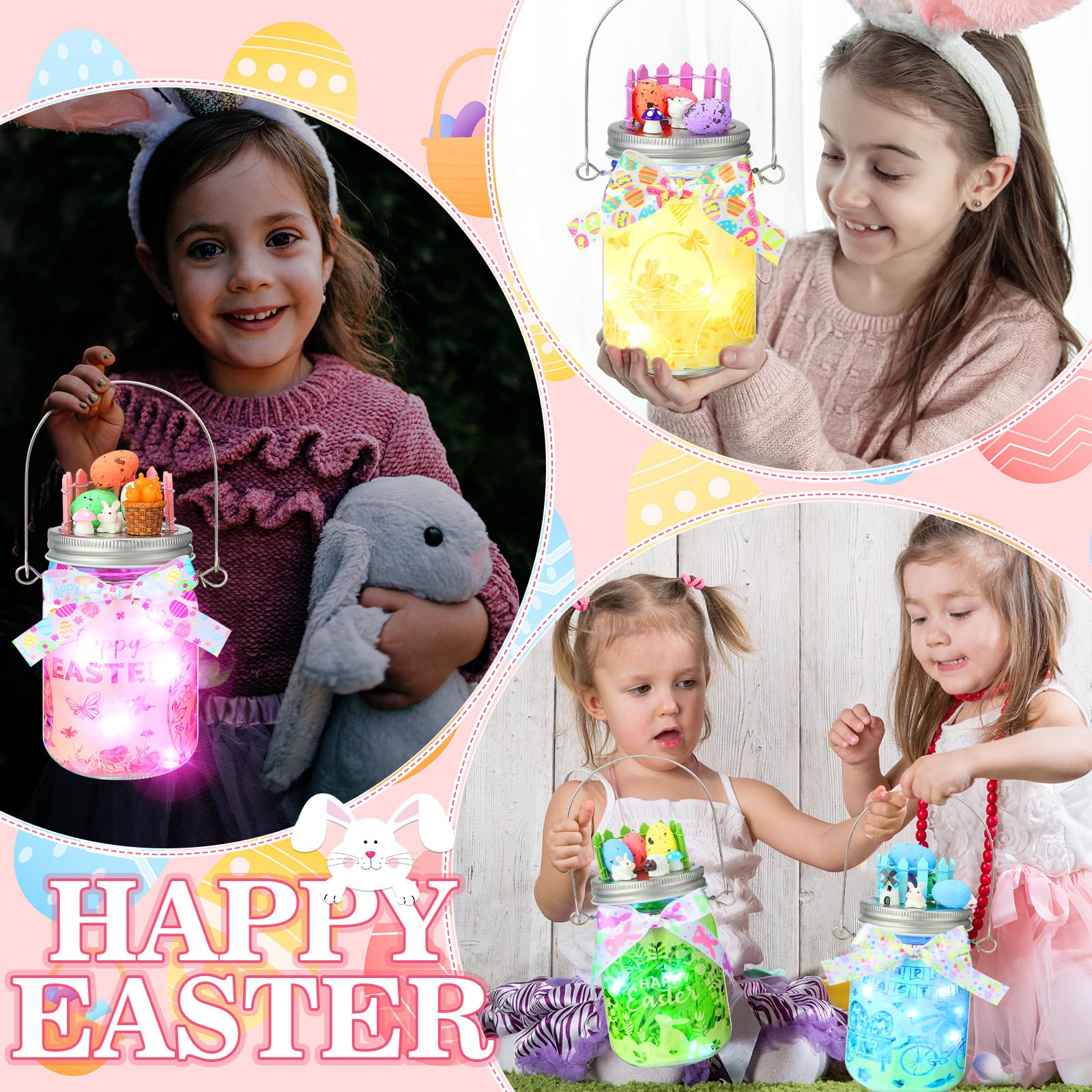 Sunnychicc 8 Set Easter Crafts for Kids DIY Easter Lantern Craft Kit Easter Light up Bunny Jar Easter Crafts for Kids Ages 4-8 Glass Jar Easter Night Light for Easter Party Supplies Easter Decoration