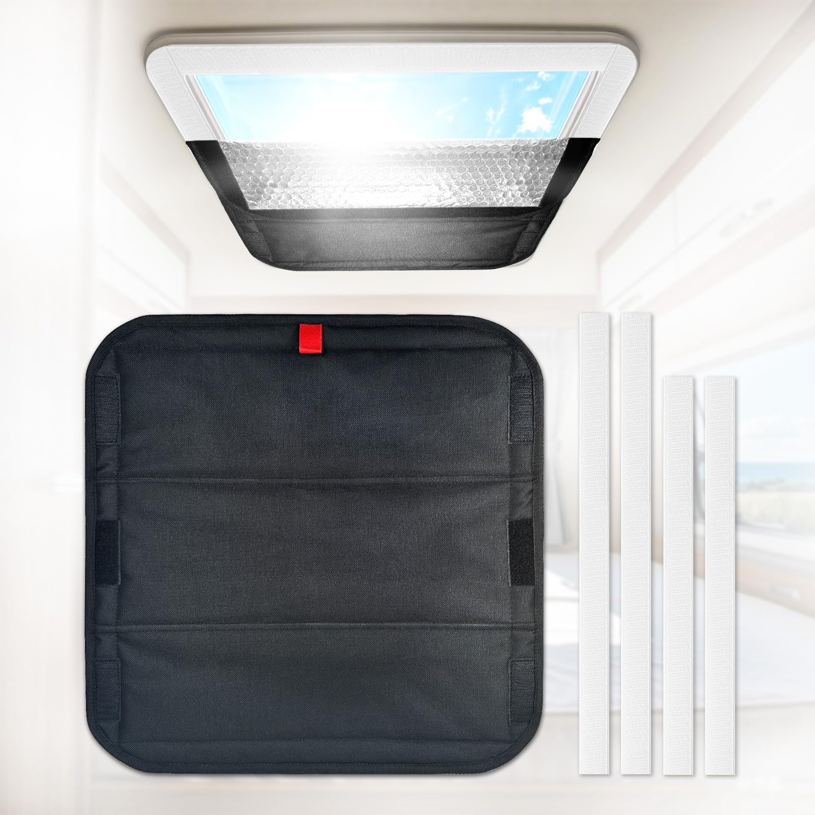 RV Sun Blackout Vent Cover, Reflective Insulation Skylight Window Shade, Roof Ventilation Shield for Motorhome, Sturdy Velcro Attach, 16x16 in Foldable Heat &amp; Light Blocker, Camper/Tailer Accessories