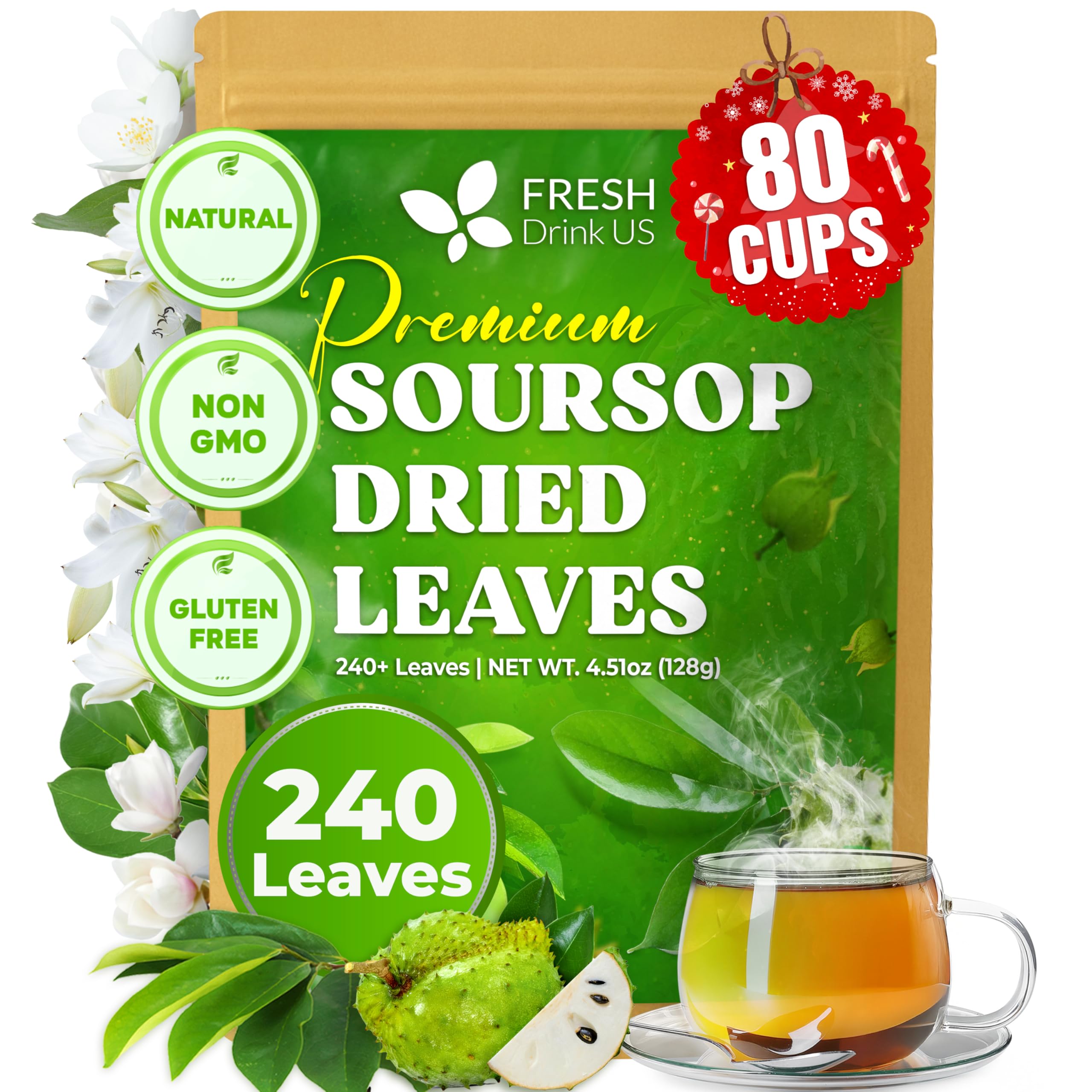FreshDrinkUS, 230+ Premium Soursop Graviola Dried Leaves Tea, 230-250 Whole Soursop Leaves, Wildcrafted, Graviola Tea, Guanabana Tea, Hoja Guanabana, Soursop Loose Leaf Herbal Tea, No Gluten, Vegan