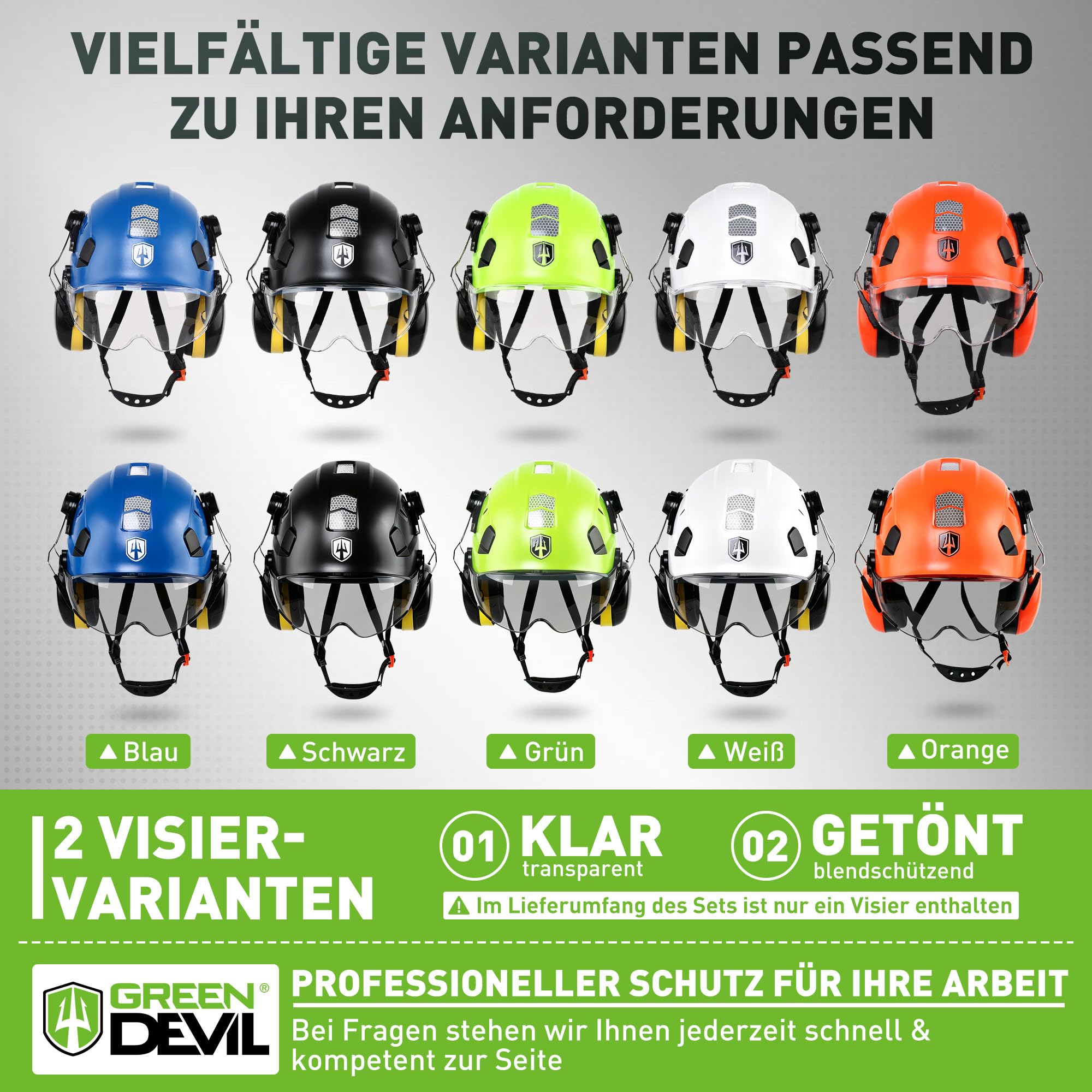 GREEN DEVIL Mervex Vent 3 w 1 kask ochronny zestaw EN 397, kask roboczy z wizjerem (przezroczysty/przyciemniany) i ochroną słuchu SNR 32 dB | kask przemysłowy ABS 53-63 cm na plac budowy, gospodarki