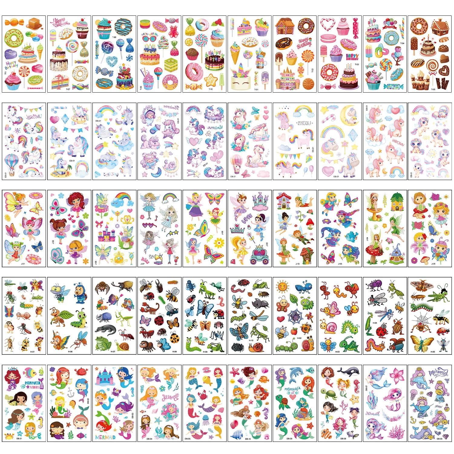 50 Sheets Temporary Tattoo Kids 538 pcs Fake Tattoos Animals Insects Unicorns Fairies Mermaids Cute Tattoo Set Waterproof Tattoos for Birthday Party Favors Supplies Goodie Bag Stuffers (Mixed Style 1)