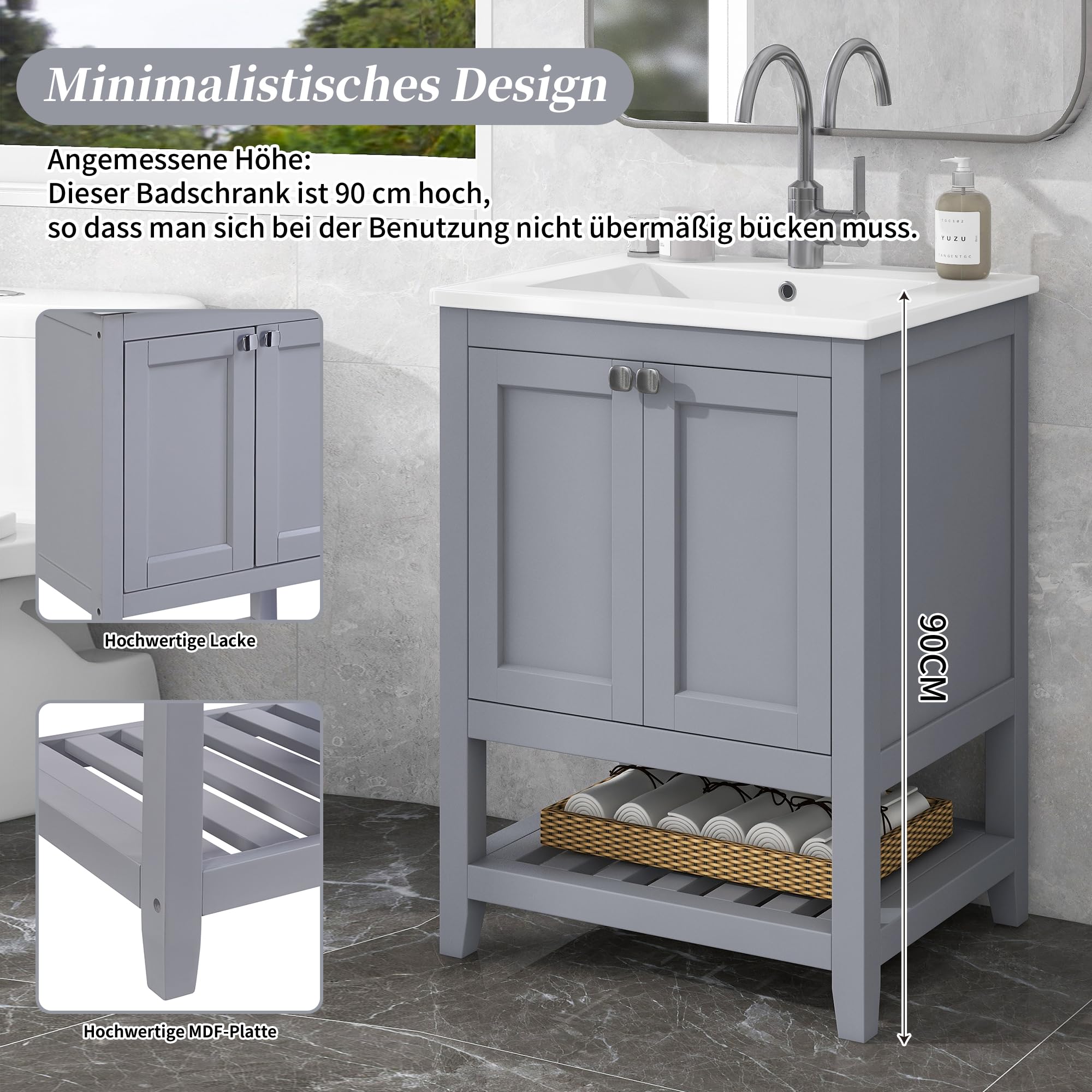 Mobile da bagno singolo con base 60 cm con lavabo in ceramica, grigio chiaro