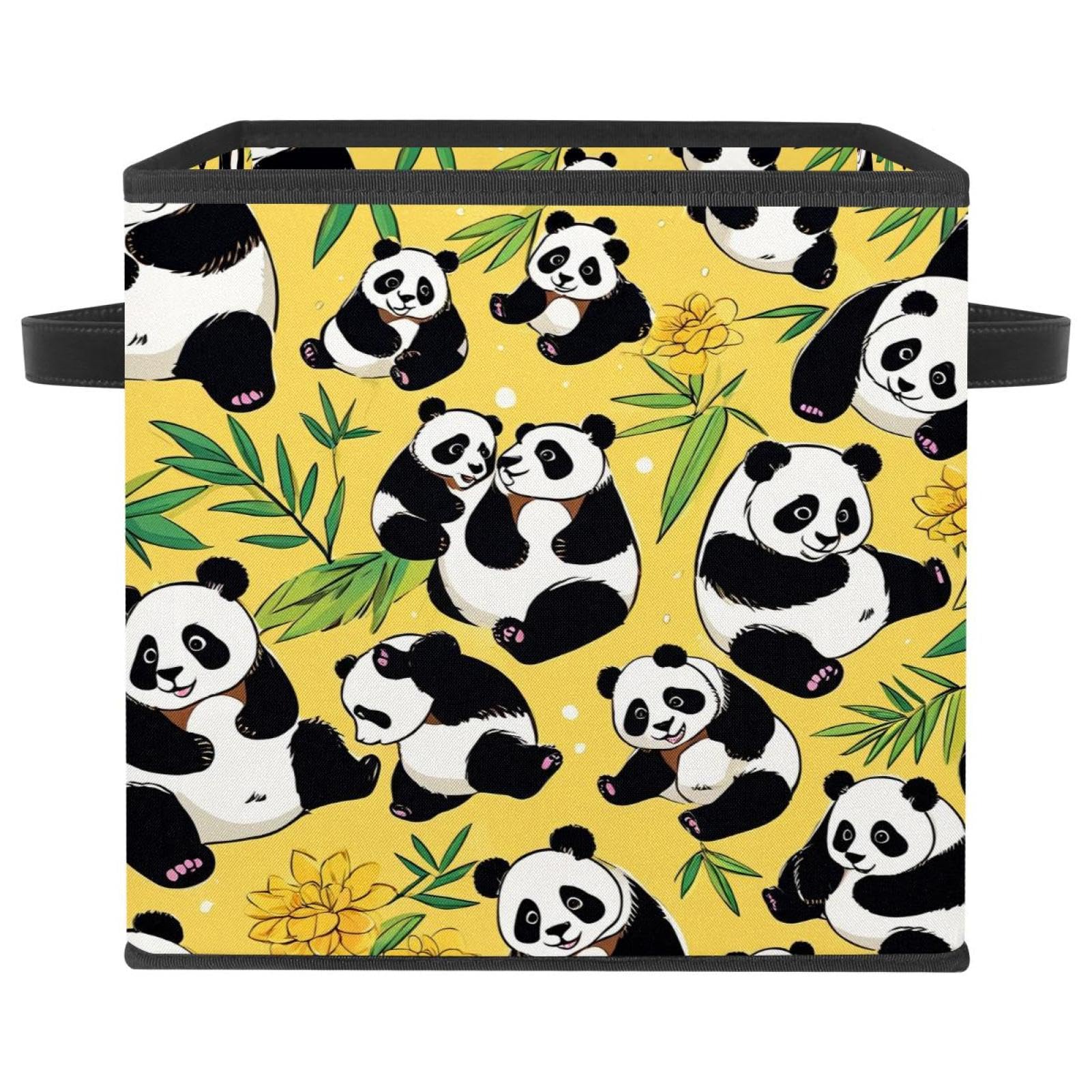 Boîte de rangement pliable jaune motif panda cube avec poignées cuir