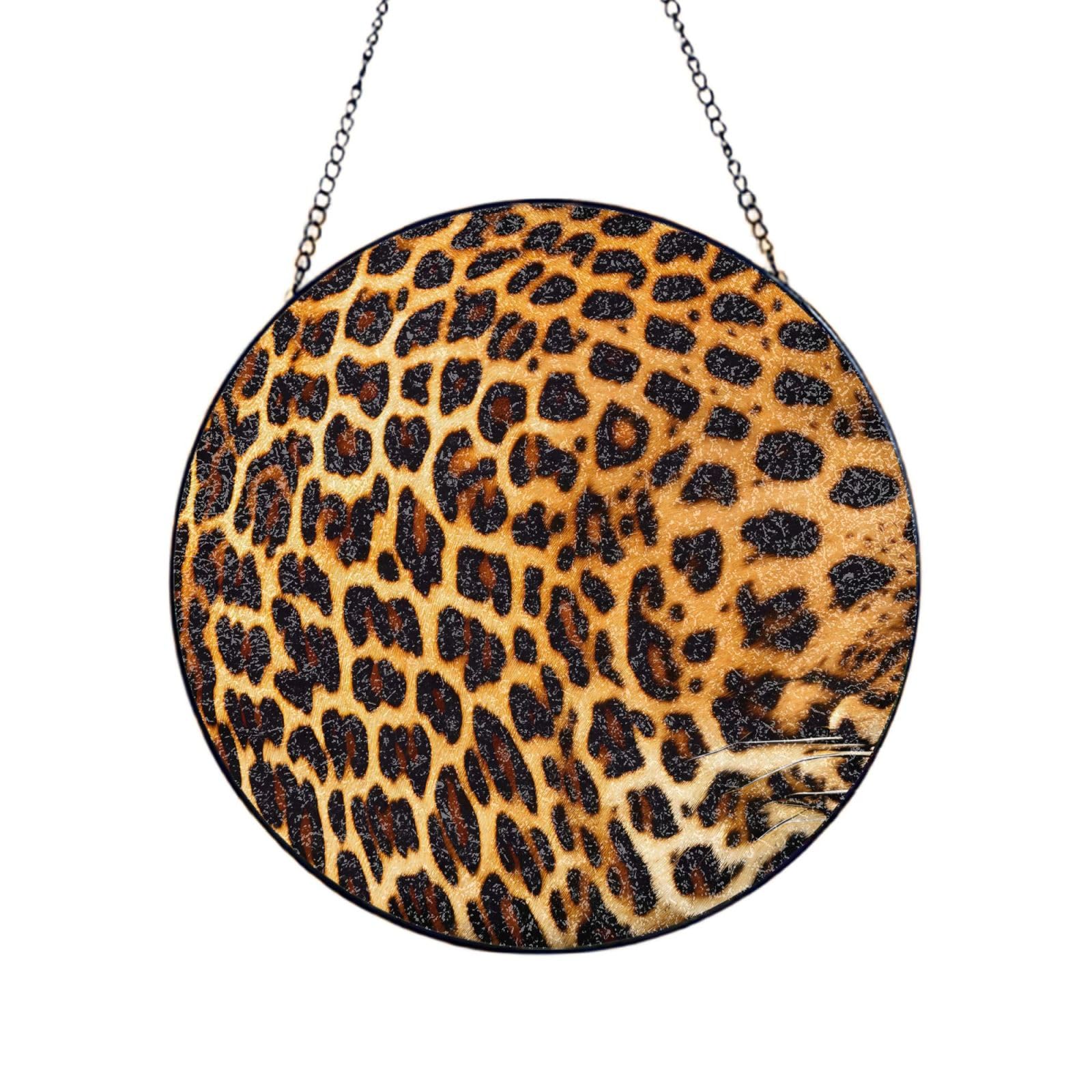 Phayah Stripes On Leopards Print Glass Window Hanging Round Suncatcher Glass Ornament Garden Wall Fence Decorations Indoor Outdoor 4in（10cm）