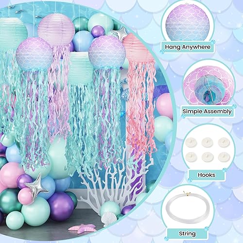 Miniatura 3 de Linternas de medusas, decoraciones de cumpleaños de sirena, paquete de 6 con cuerda y gancho, decoración de medusas colgantes para Bob Esponja, bajo