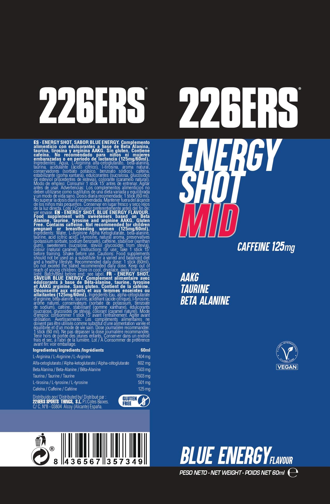 226ERS Energy Shot Mid, Gel Energético Taurina Cafeína, Blue 24 x 60 ml