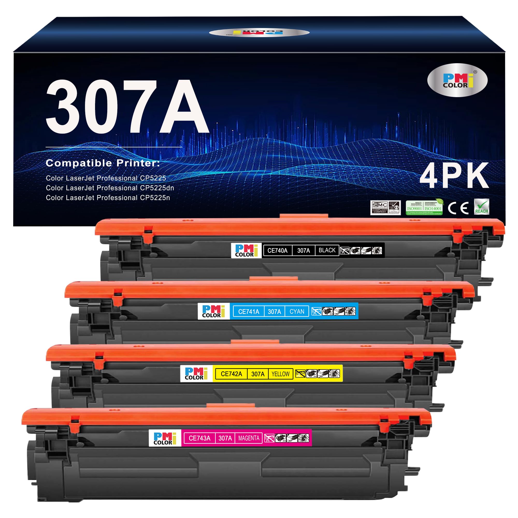 4 Pack Replacement for HP 307A Toner Cartridges Works with HP Color Professional CP5225 CP5225n CP5225dn Printer (Black,Cyan, Magenta, Yellow)