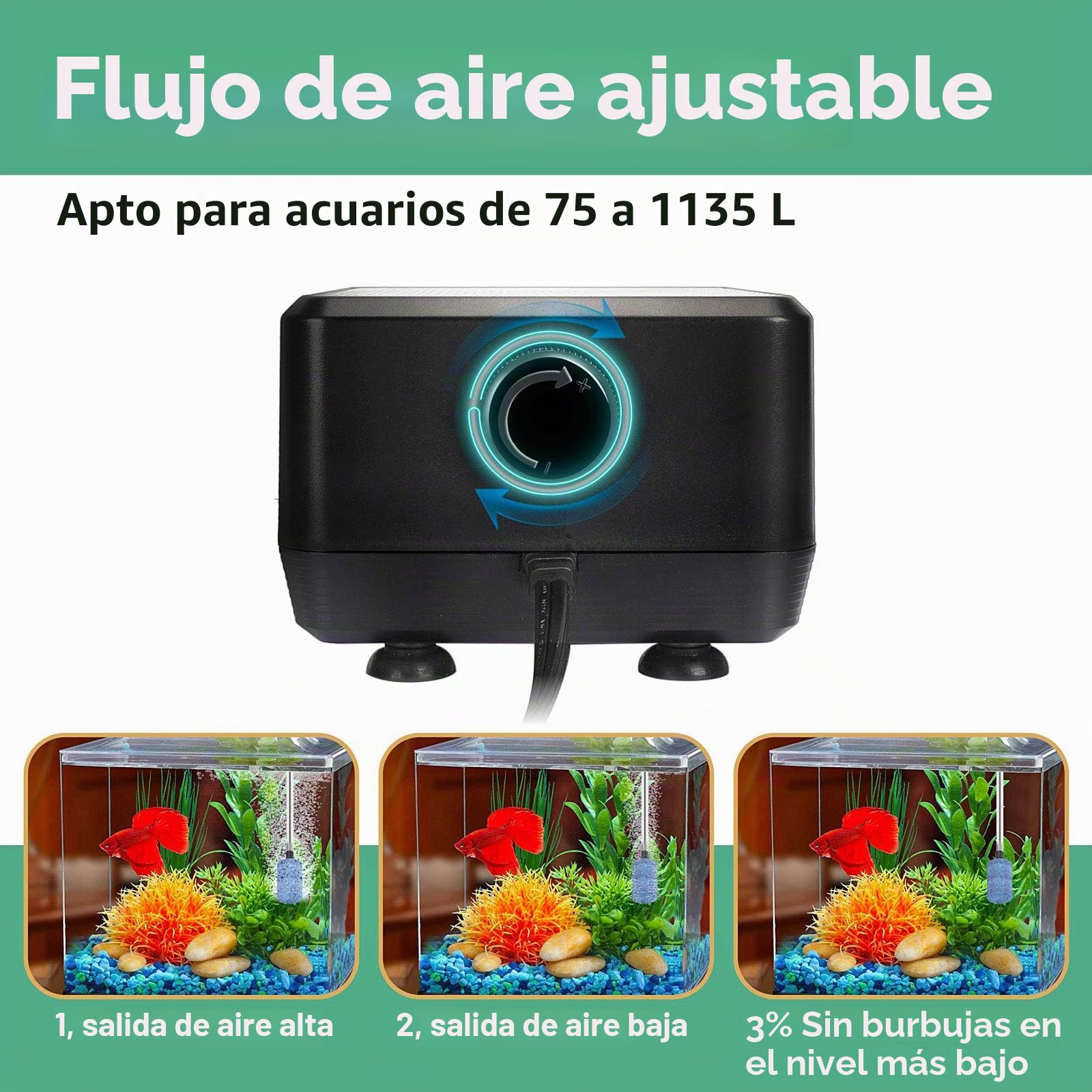hygger Bomba de aire para acuario más silenciosa, bomba de oxígeno regulable, 2 salidas de aire, 5 W/10 W, ultrasilenciosa, potente bomba de aireación