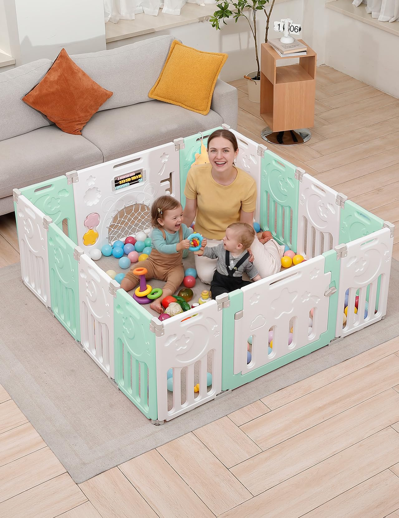 Dripex Laufstall Baby faltbar, laufgitter baby aus Kunststoff, laufstall mit Tür und Spielzeugboard, 150×150cm 14-Paneele, grün – Ansicht 11