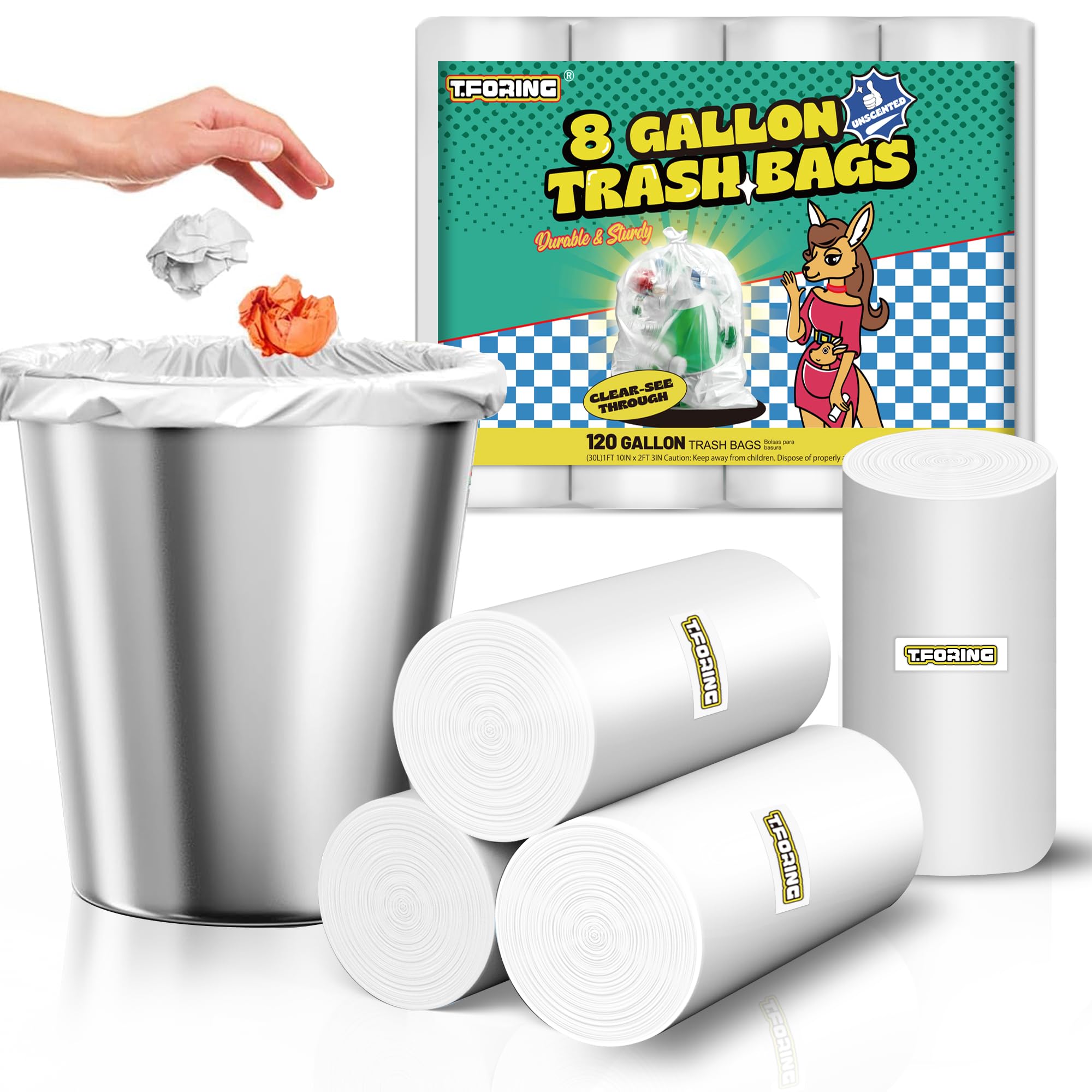120 Count 8 Gallon Trash Bags Unscented - Thick Clear Medium Garbage bags, 30 Liter Strong Plastic Wastebasket Can Liners for Kitchen Home Bathroom Office