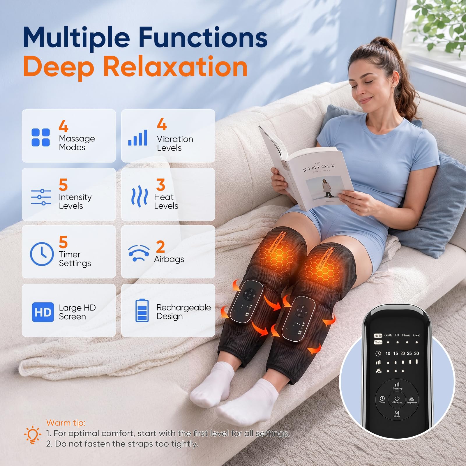 Kabelloses Beinmassagegerät mit Heizung, 2 Airbags Luftkompressionsmassage für Oberschenkel Knie Waden, 4 Modi 5 Intensitäten 3 Heizstufen, EMS-Vibration, HD-Bildschirm, 2500mAh Akku