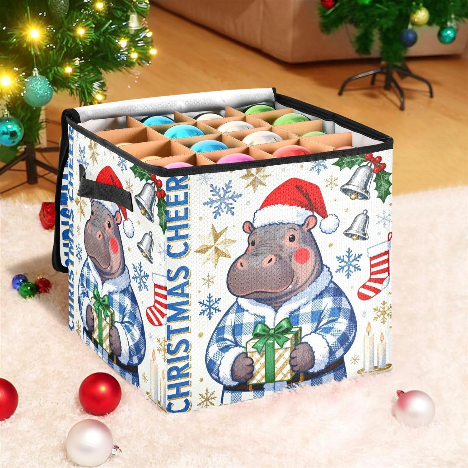 High Capacity Christmas ornament organizer Holds Up to 64, Two Handles handy Holiday Storage Case with Lid,Christmas Hippopotamus