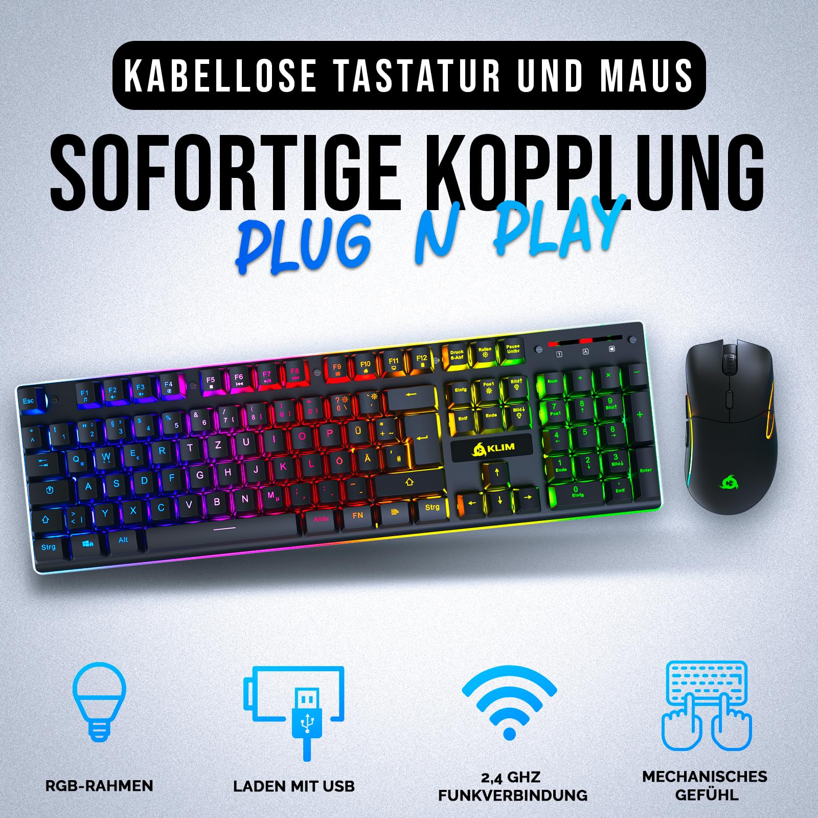 KLIM Thunder QWERTZ DE Layout Ensemble Clavier et Souris de Jeu sans fil - Clavier rétroéclairé sans fil avec batterie intégrée longue durée + Souris de jeu RGB 4800 DPI pour PC