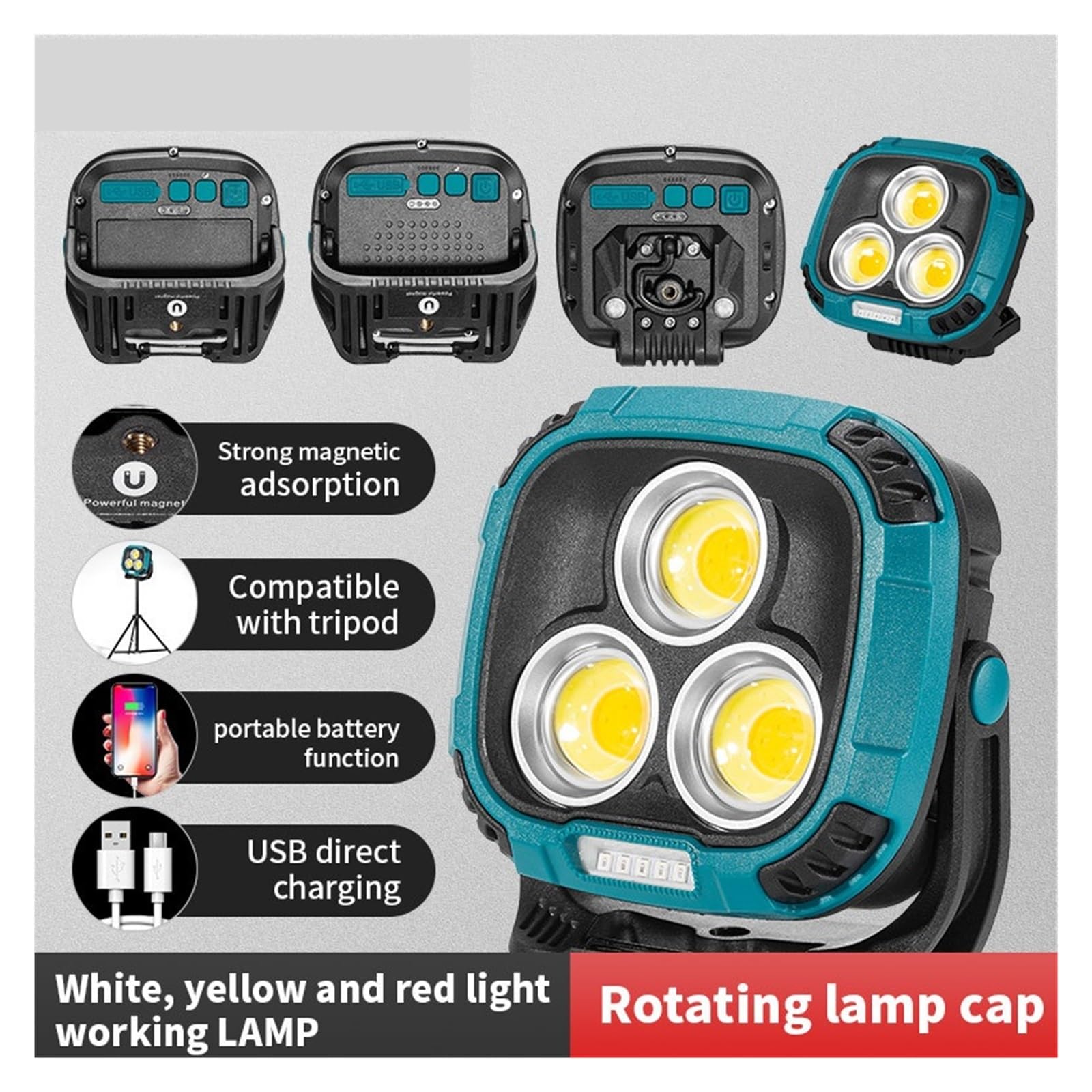 Reflektor LED, Duże Źródło Światła Wielofunkcyjny Przenośny Reflektor Do Ładowania USB Wodoodporna, Przenośna Lampa Awaryjna Na Nocny Targ(Yellow COB 1000W)