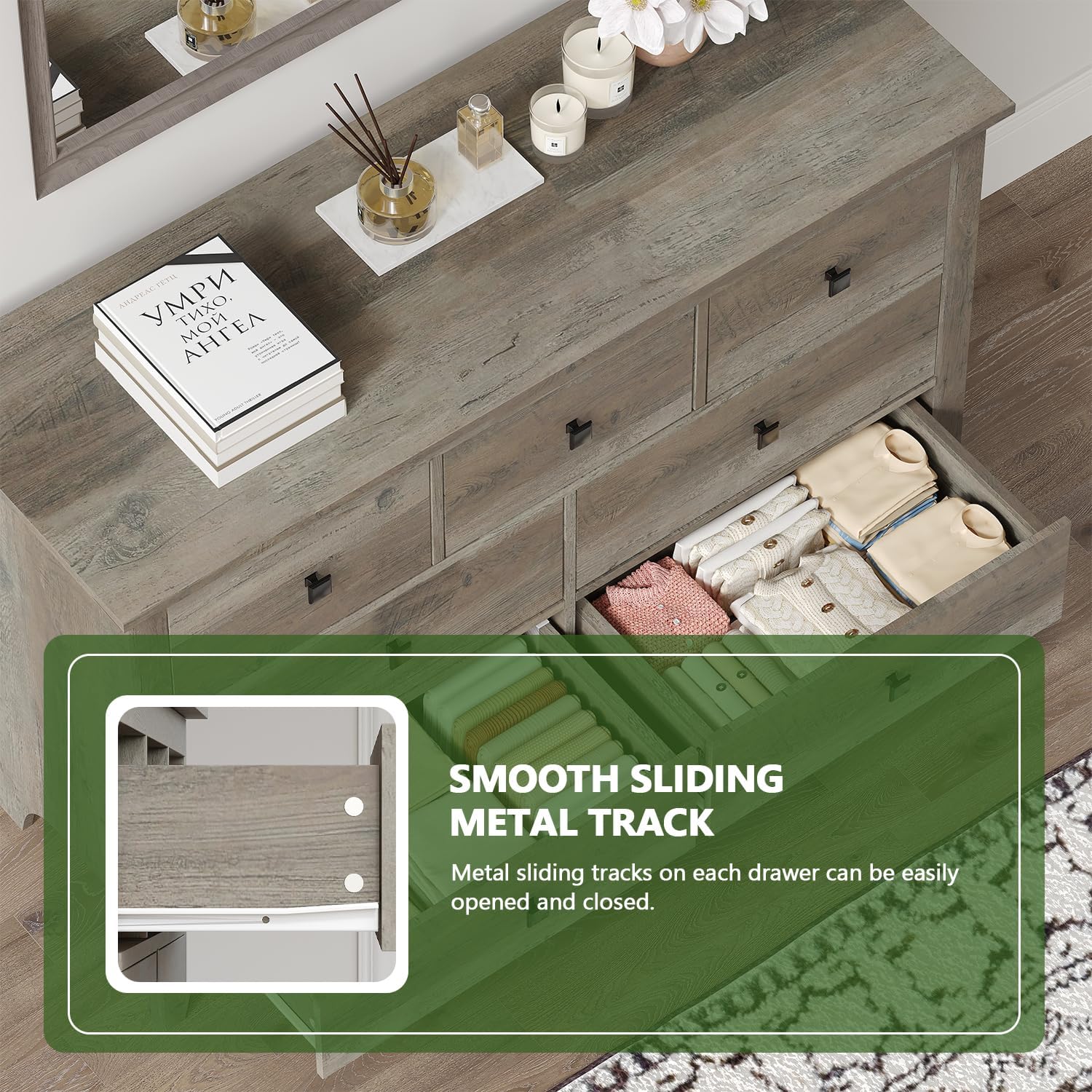Vikiullf 7 Drawer Dresser - Wooden Bedroom Dressers, Grey Storage Drawers Cabinet for Bedroom, Living Room, Farmhouse Dresser Organizer, Rust Chest of Drawers