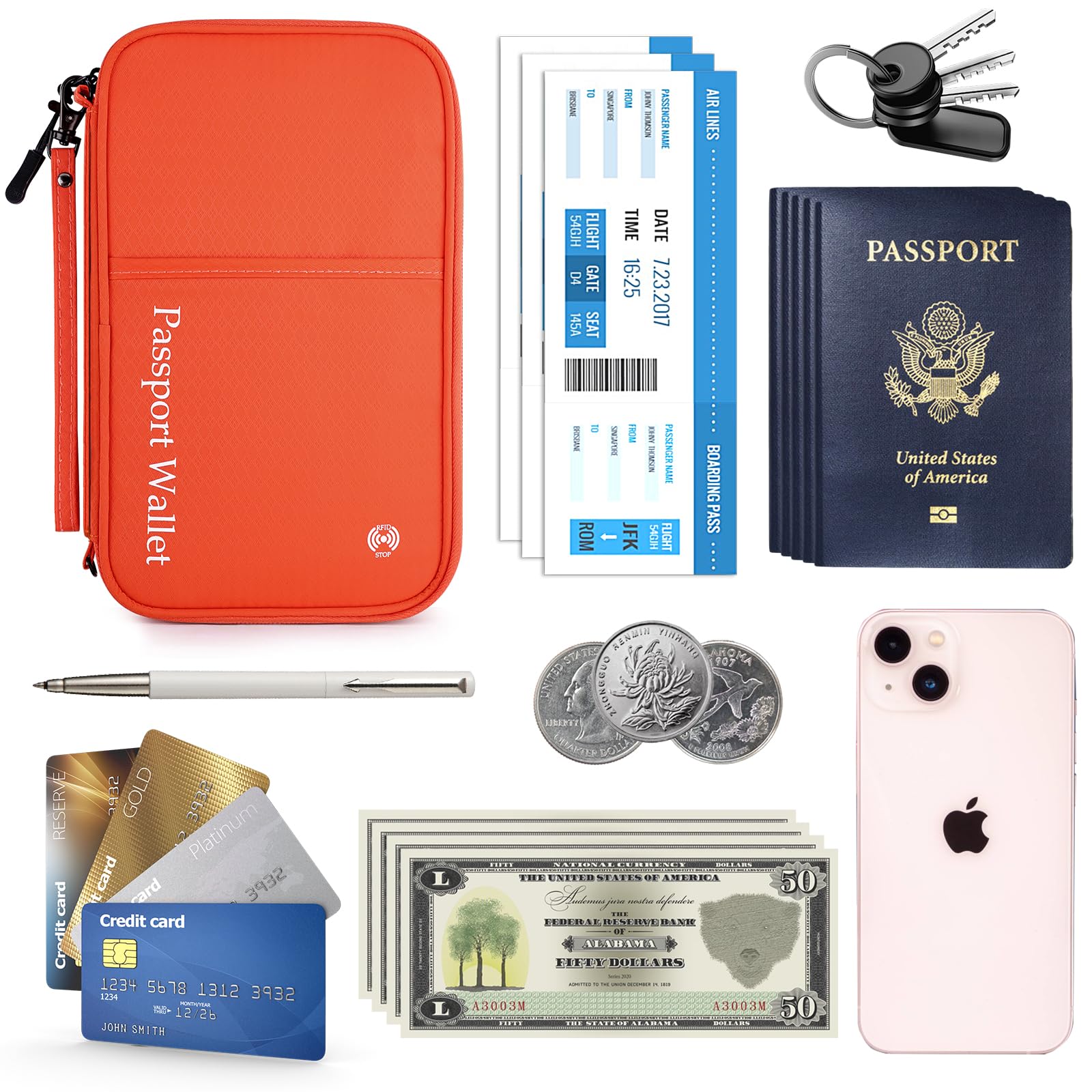 Portefeuilles Passeport de Voyage, Famille Porte-Passeport Organisateur Documents de Voyage pour 8 Passeports, Protège Passeport avec RFID pour Homme Femme, Orange