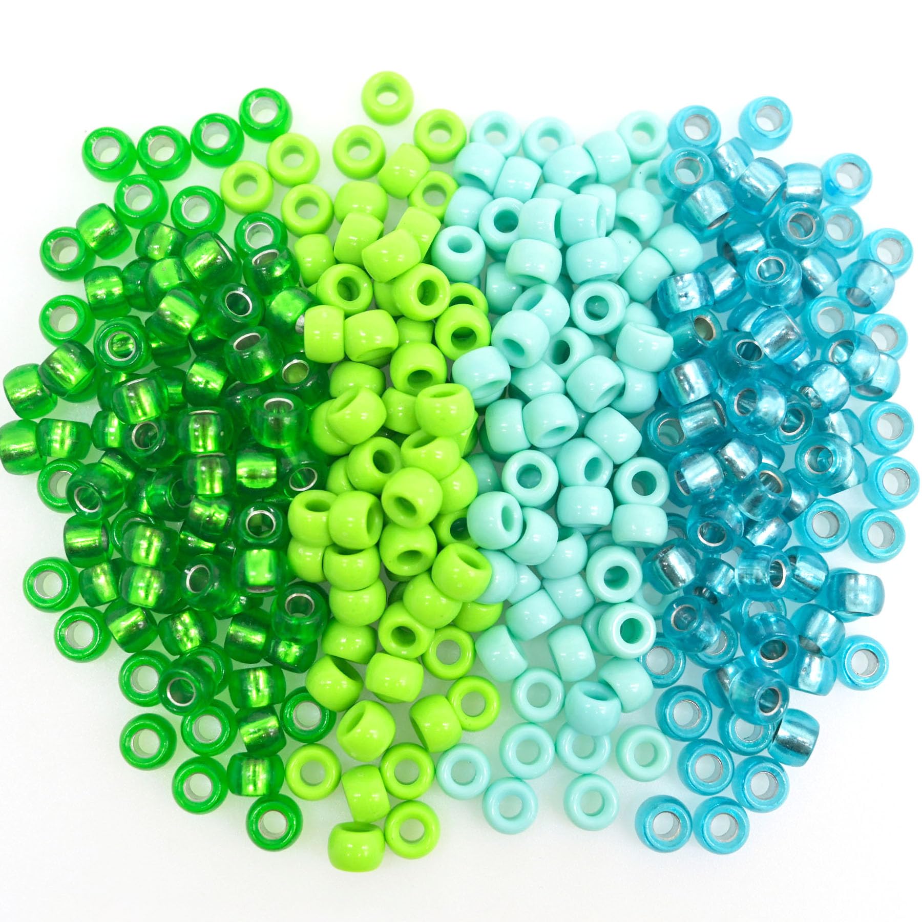 1000Pcs 6x9mm Pony Beads Kit,4-Color Green Acrylic Silver Infused Pony Beads Bulk,Smooth Polished Craft Loose Beads Set for DIY Beading Supplies,Hair Braids Beads(Green)