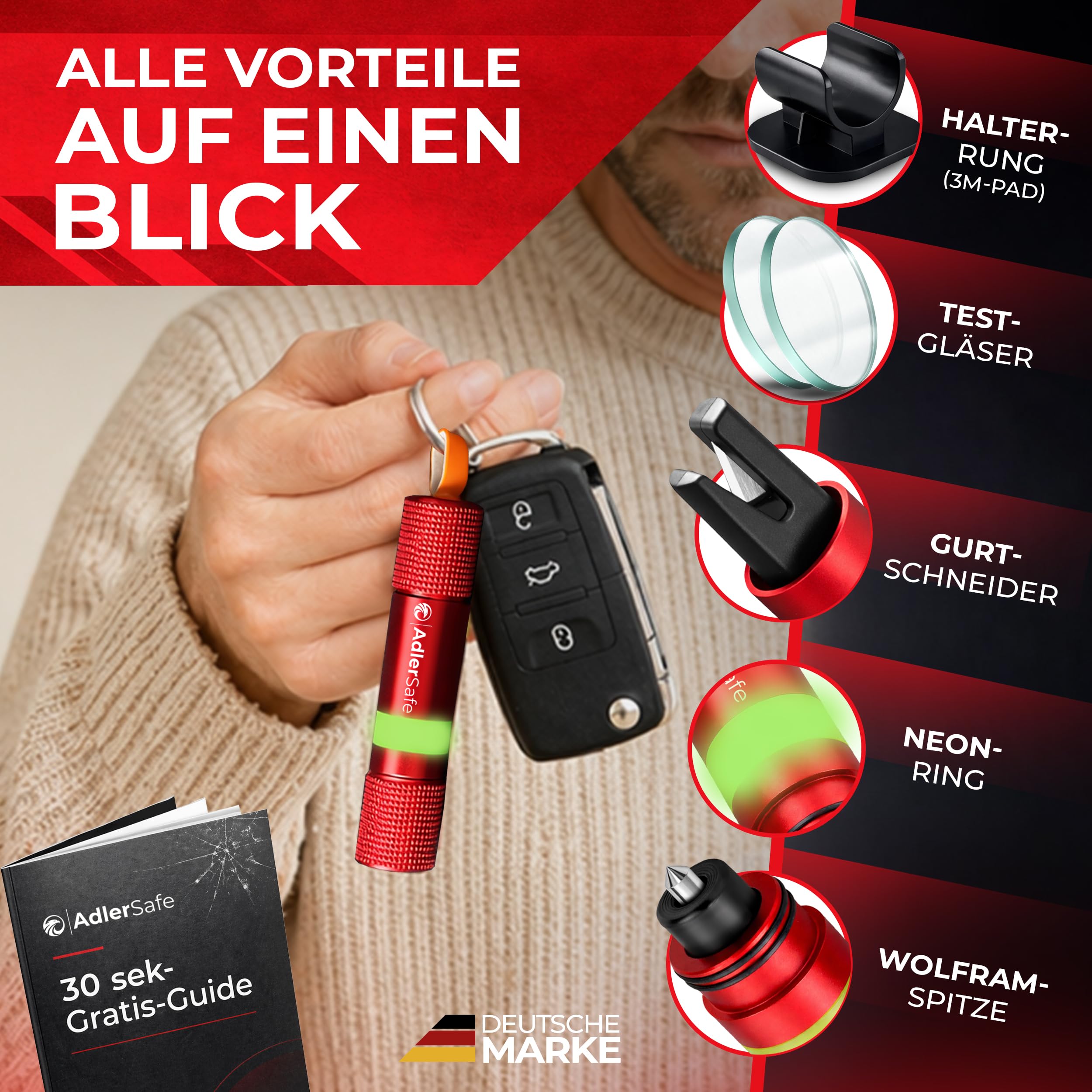 Notfallhammer Auto mit Gurtschneider - Nothammer - Federkörner Glasbrecher zum Lebenretten - Rettungswerkzeug Notfallset für Scheiben - Sicherheitshammer für Unfälle