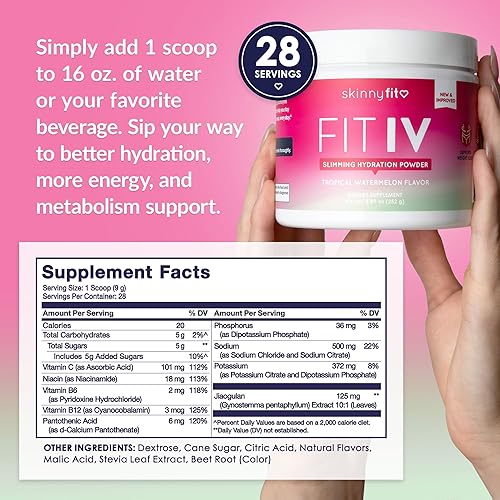 Miniatura 4 de SkinnyFit - Fit IV Polvo de hidratación adelgazante, sandía tropical (frasco, 28 cucharadas) - Fórmula nueva y mejorada - Electrolitos, vitamina C,