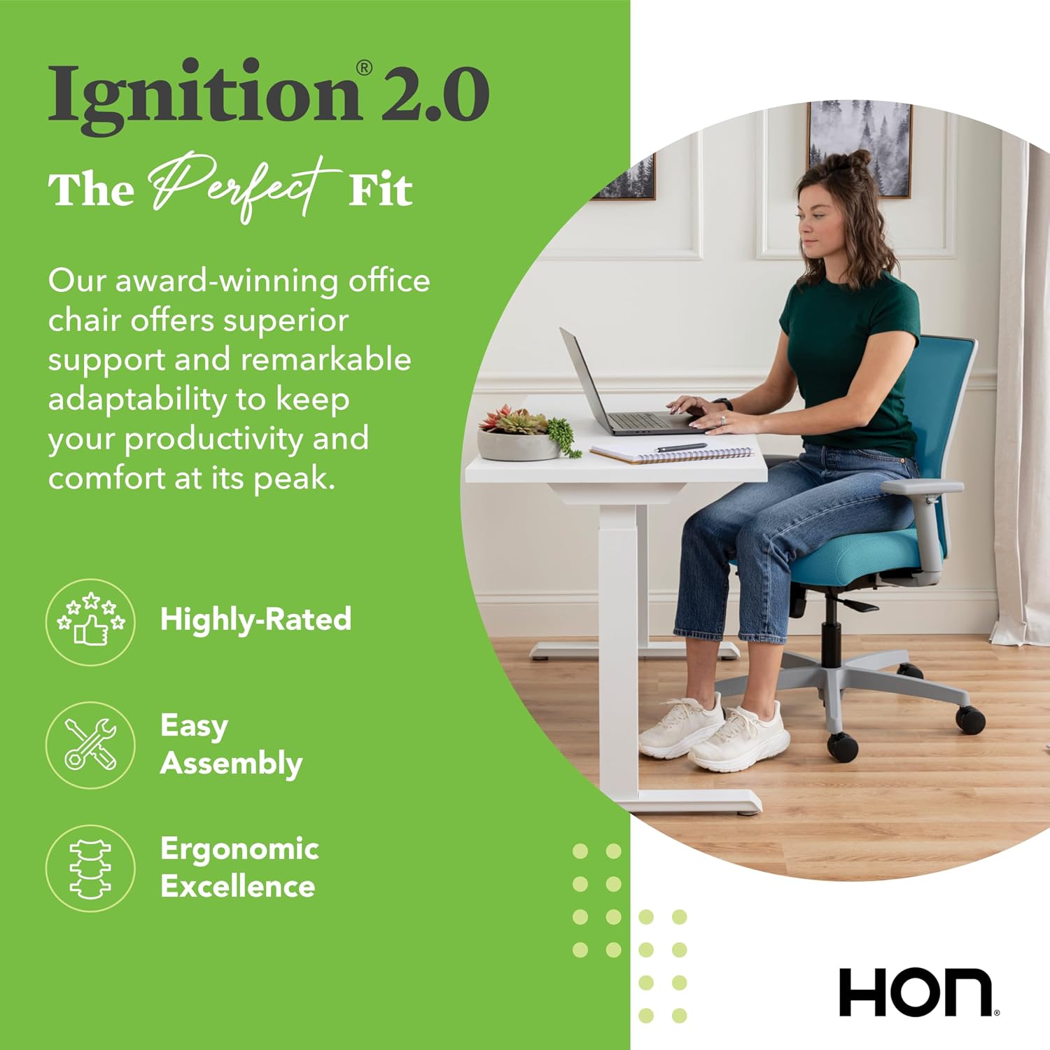 HON Ignition 2.0 Low‑Back Ergonomic Office Chair, Mesh Task Desk Chair with Lumbar Support, Standard Synchro‑Tilt, Height and Width Adjustable Arms, Titanium Frame, Sky