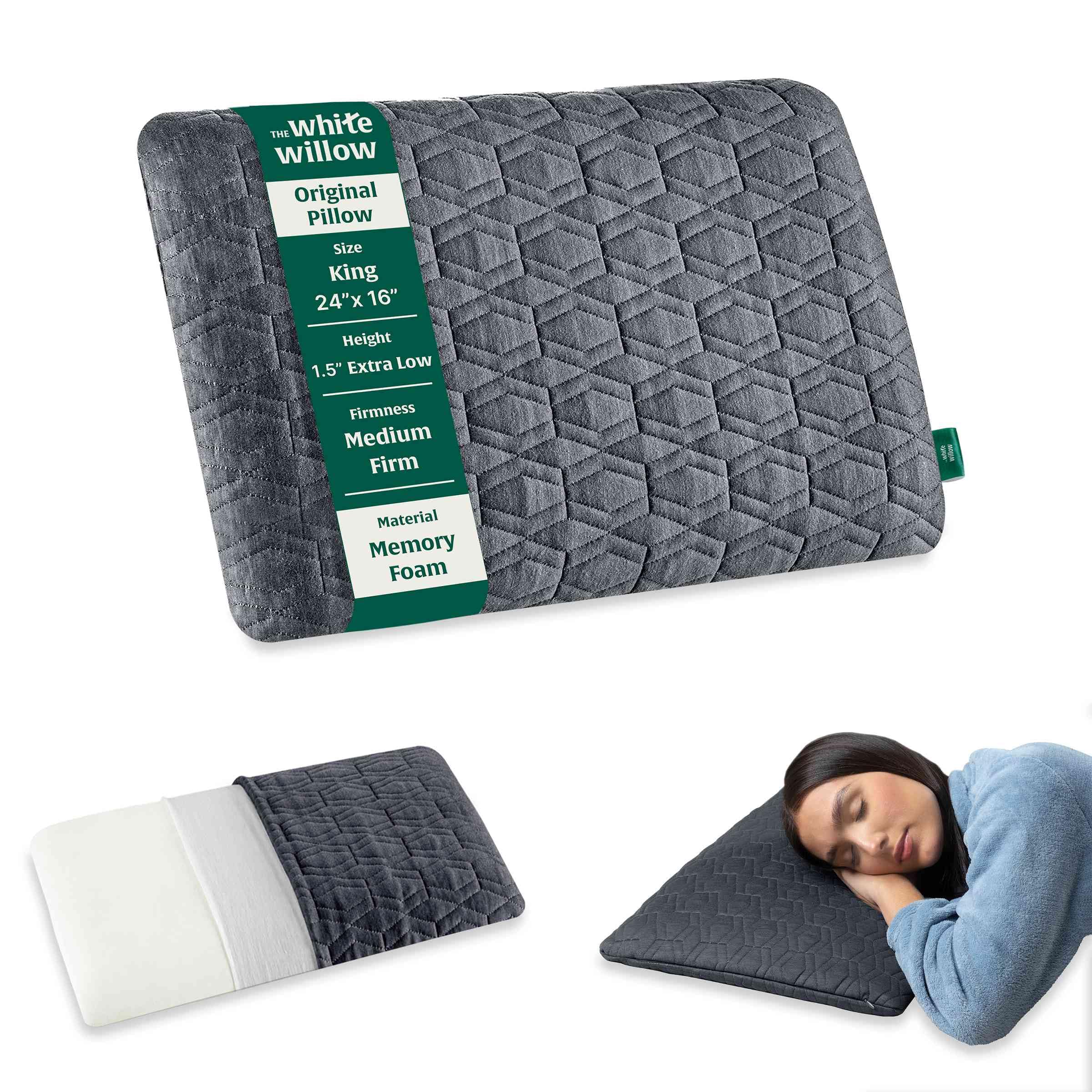 The White Willow Ultra Thin Pillow for Sleeping-Ultra Slim Memory Foam-Slim Support for Neck & Shoulder Pain-Flat Design-Orthopedic Cervical Support for Neck Support-King-Medium Firm-1.5" H-Grey
