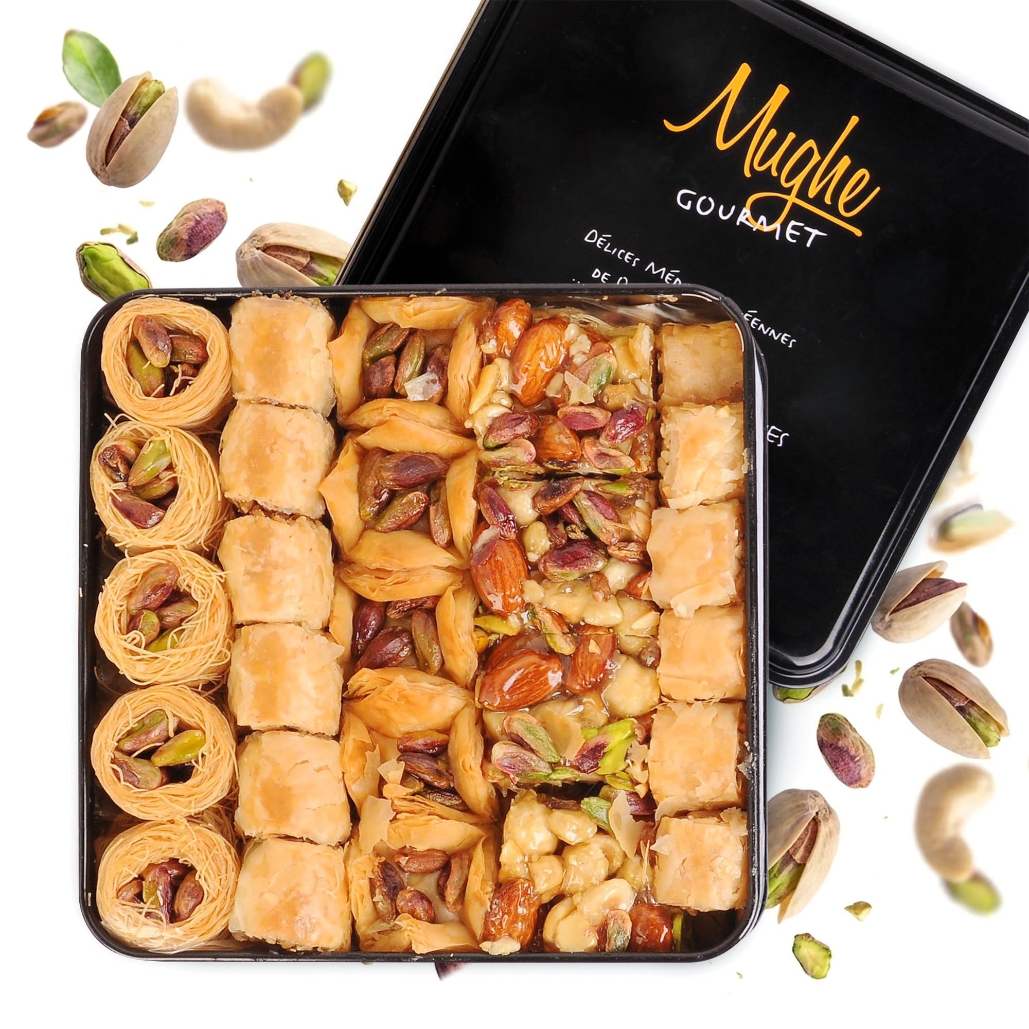 Mughe Gourmet Luxury Baklava Mix Gift Box - Fresh Turkish Pistachio Baklawa Sweets - 1.65lbs-750g-52pc Double Layered - Perfect for Birthday, Father's Day, Christmas - Dessert Gifts Basket for Mum Dad