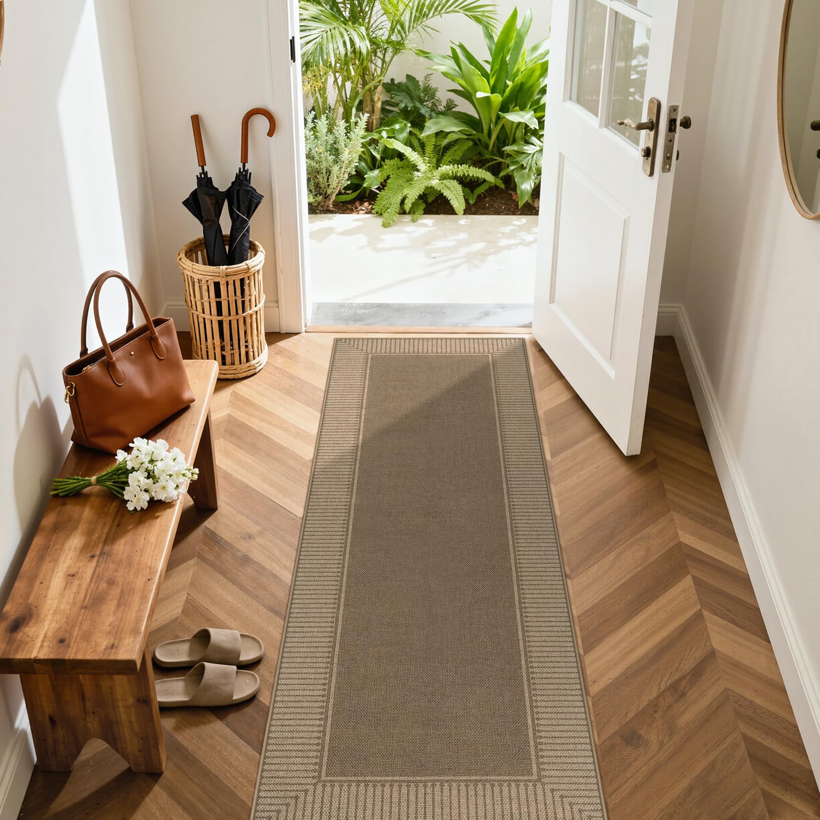 Photo 1 of Moynesa Brown Striped Border Easy Jute Runner Rugs 2.5x8, Indoor Outdoor Washable Non Slip Runners Rug for Entryway Hallways Patio Balcony, Morden Farmhouse Carpet for Fall Winter Decor