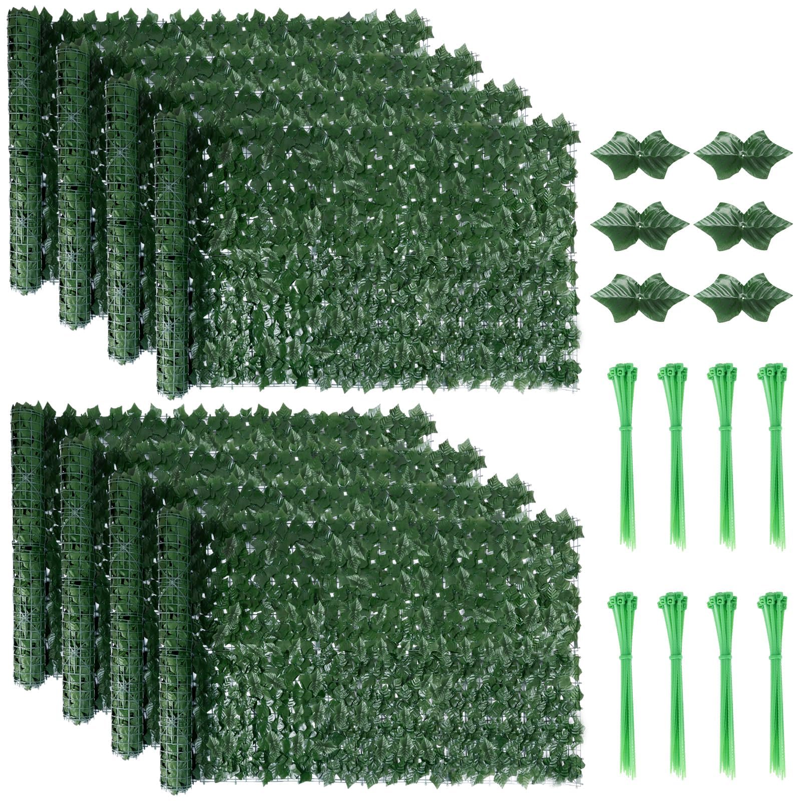 8PCS Artificial Ivy Fence Screening, 3m x 1m Artificial Hedge Screening, Fence Privacy Screen Artificial Hedge Roll,Artificial Ivy Trellis Screening with 20 Zip Ties for Garden Balcony Outdoor Decor