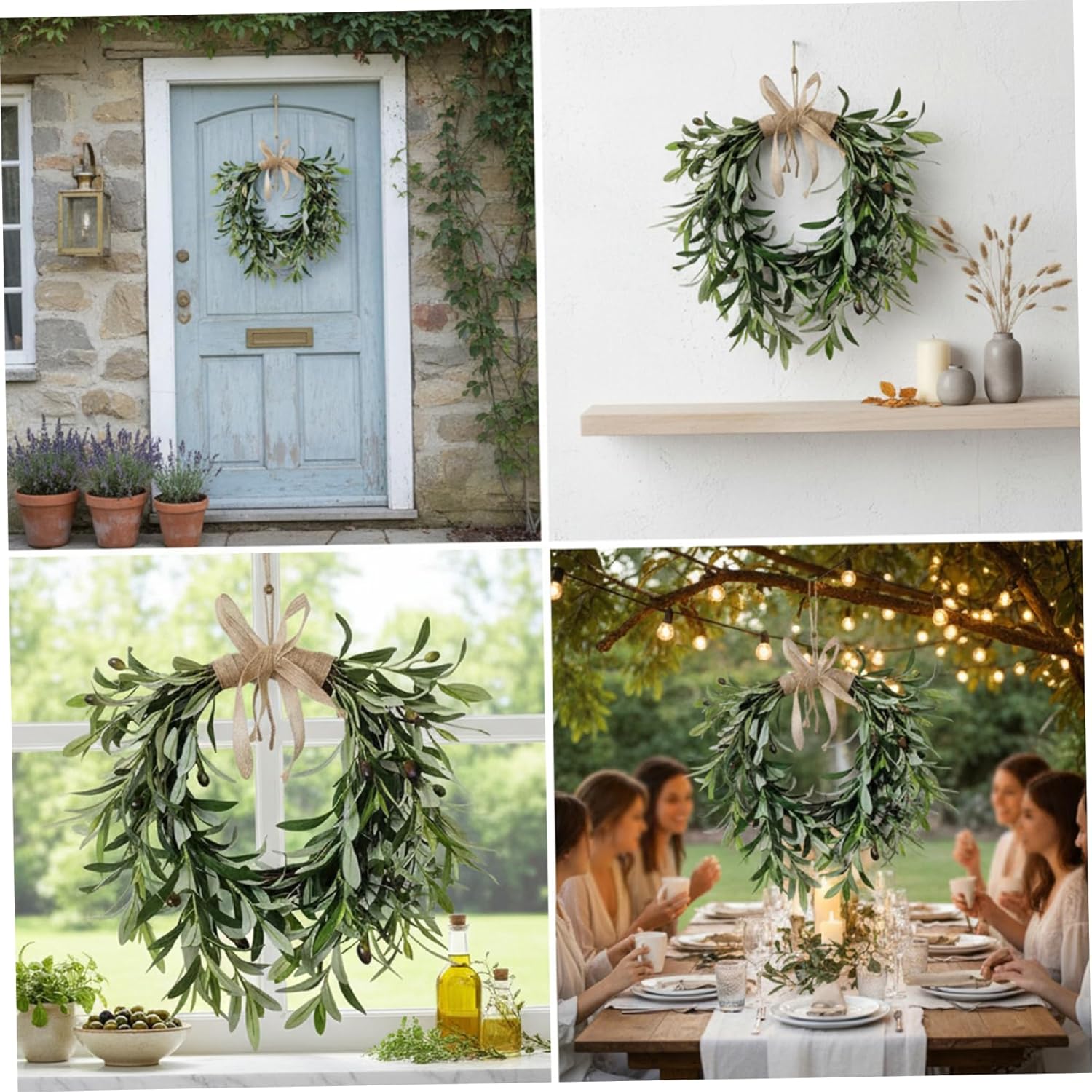 Farmhouse Olive Wreath with Burlap Bow, 20 Inch Artificial Greenery Wreath for Front Door Christmas Decorations, Indoor Holiday Wall Decor